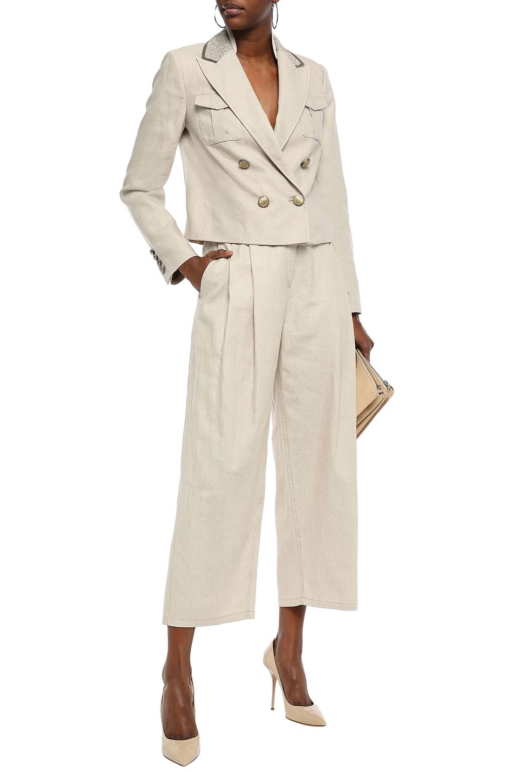 BRUNELLO CUCINELLI Double-breasted embellished linen-blend blazer