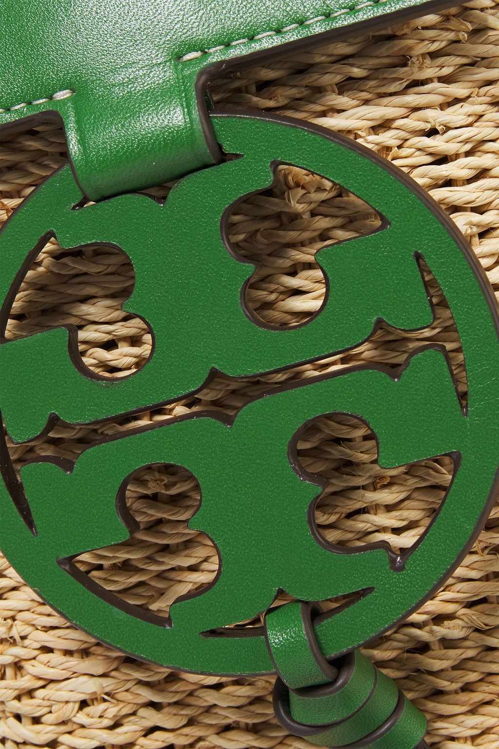 TORY BURCH Leather-trimmed raffia phone bag