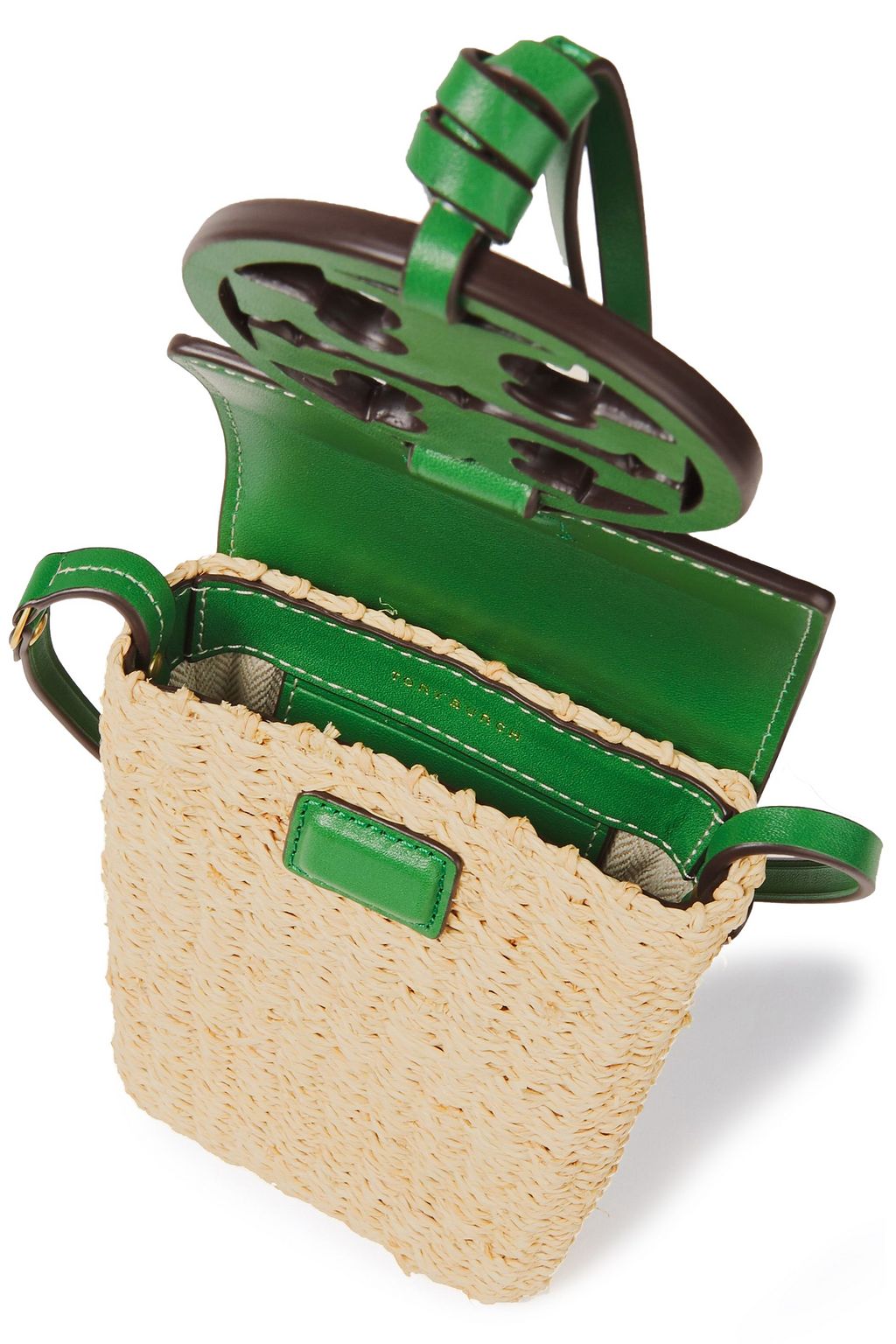 TORY BURCH Leather-trimmed raffia phone bag