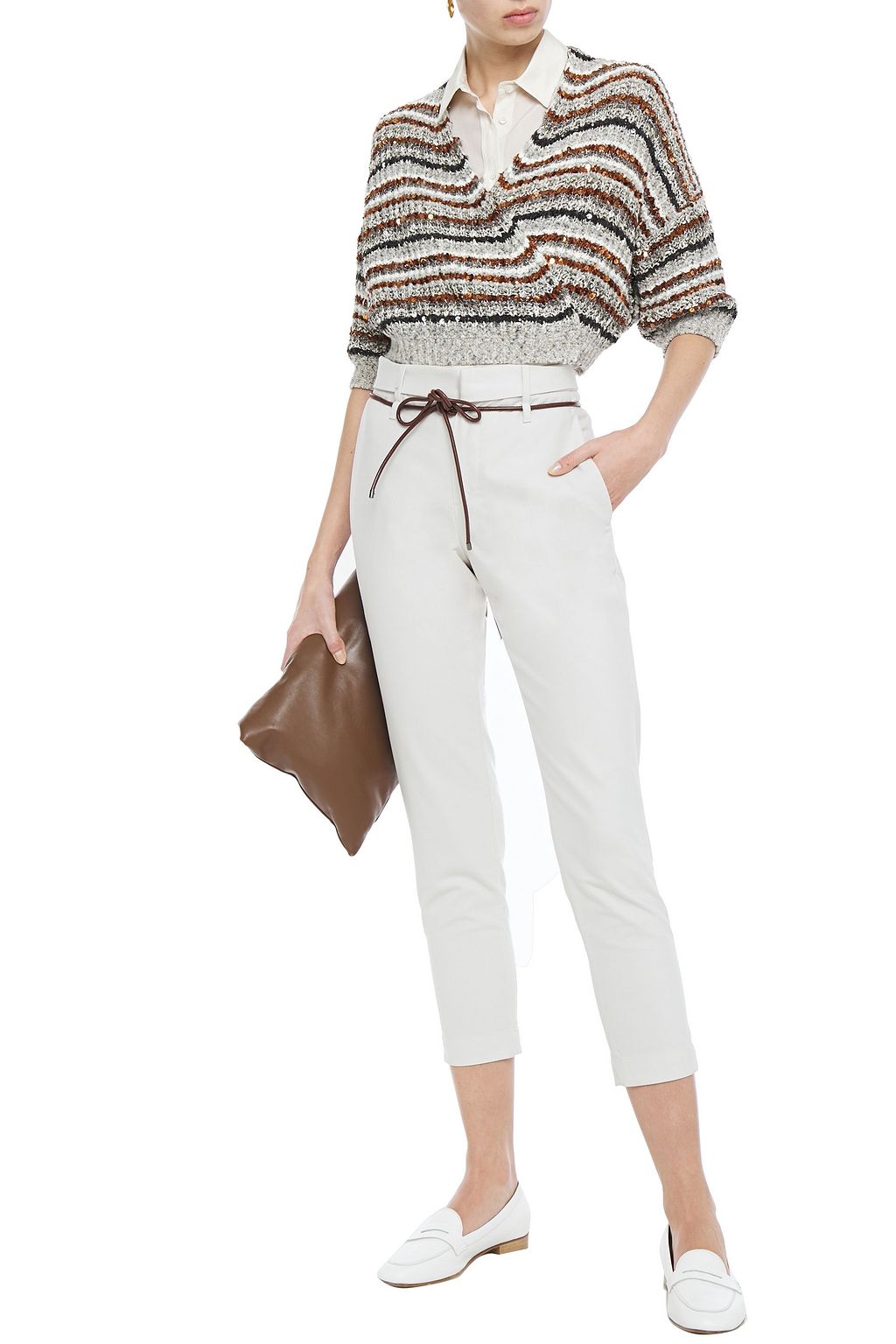 BRUNELLO CUCINELLI Cropped belted cotton-blend twill slim-leg pants