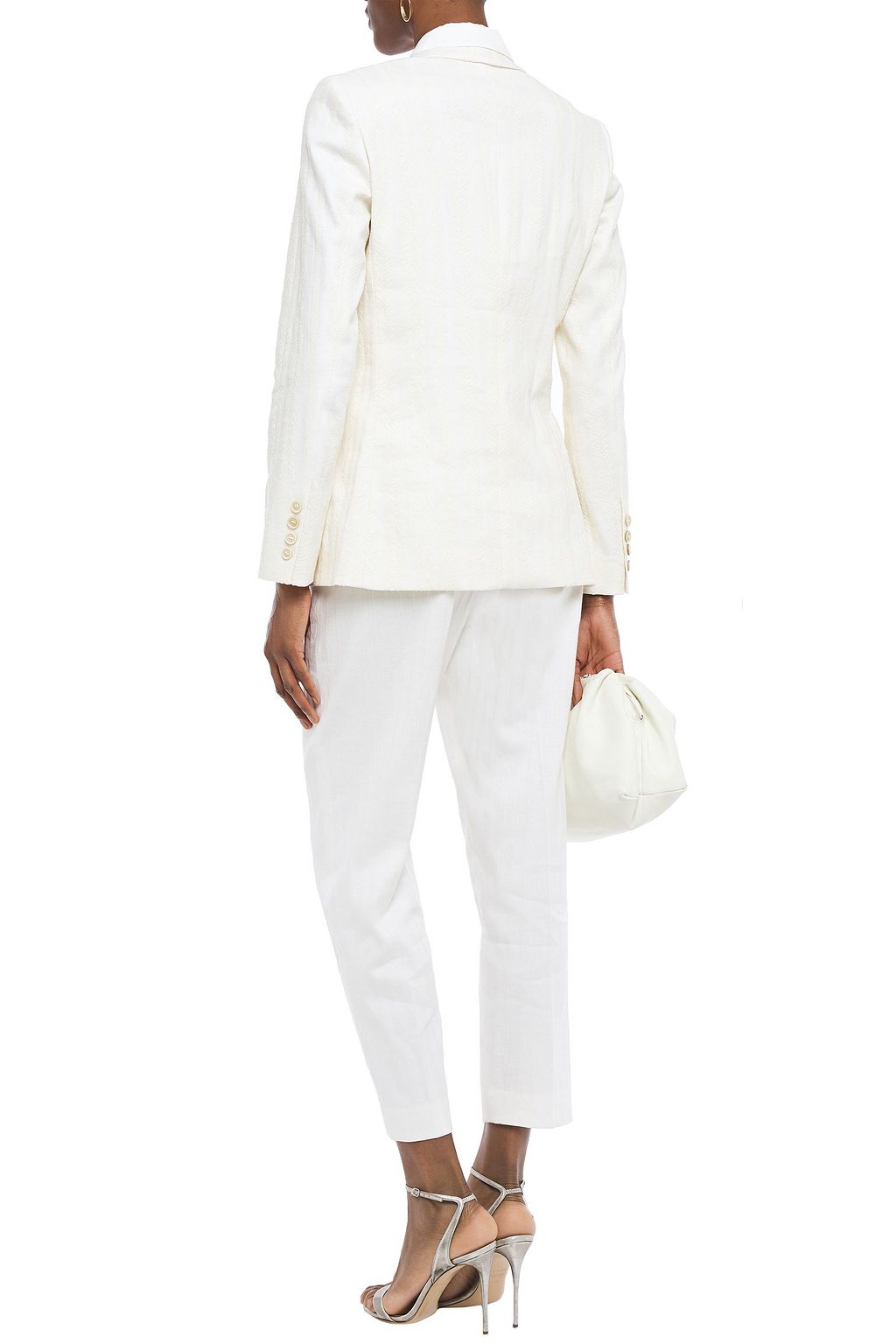 BRUNELLO CUCINELLI Double-breasted embellished herringbone cotton-blend blazer