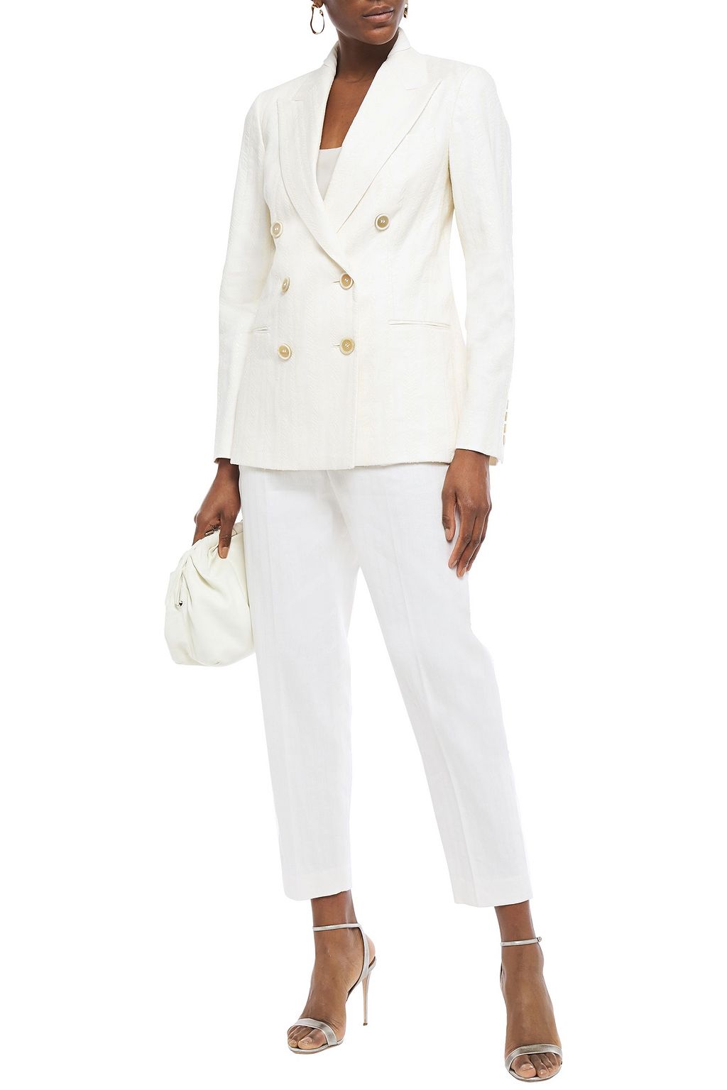 BRUNELLO CUCINELLI Double-breasted embellished herringbone cotton-blend blazer