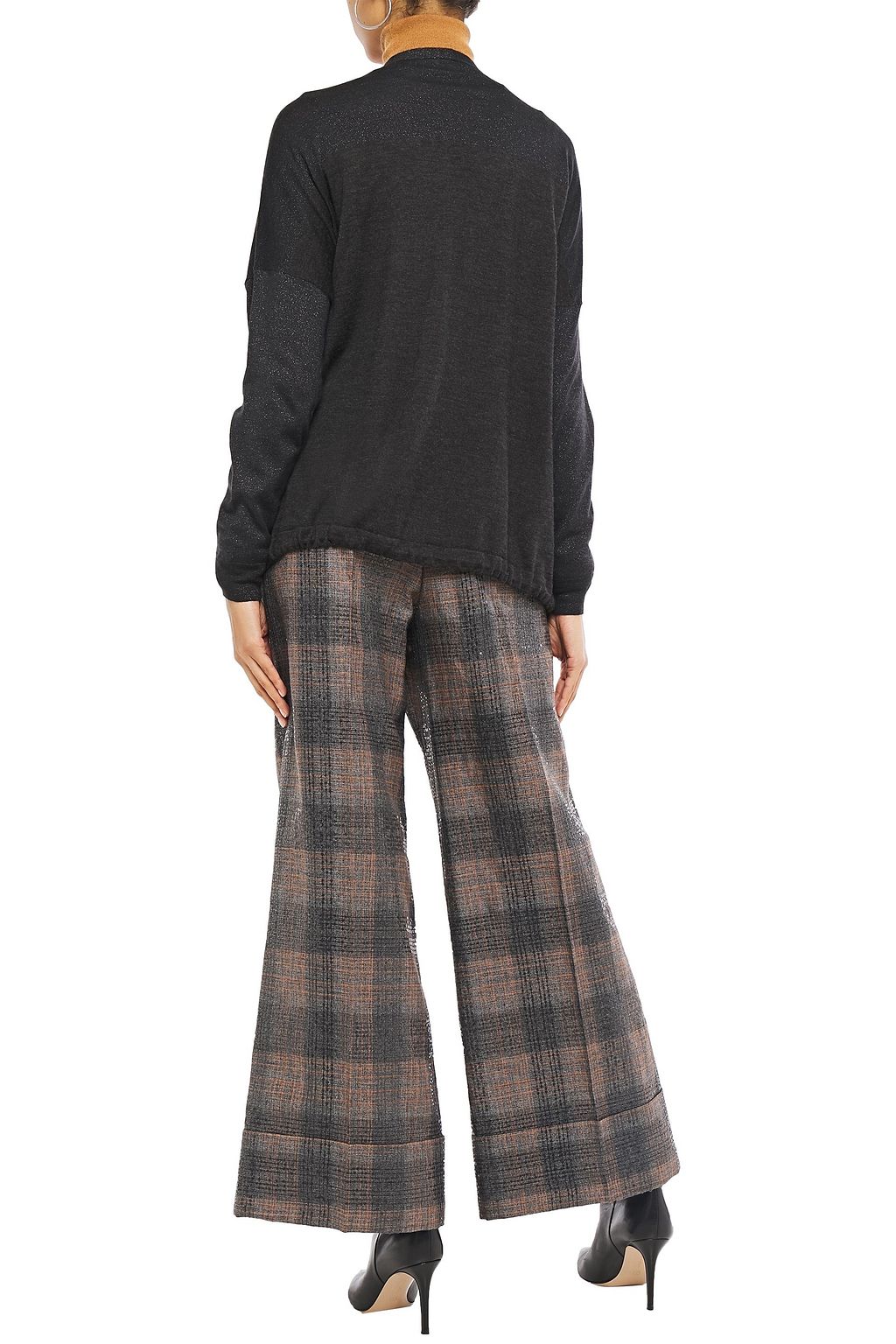 BRUNELLO CUCINELLI Sequin-embellished checked linen-blend wide-leg pants