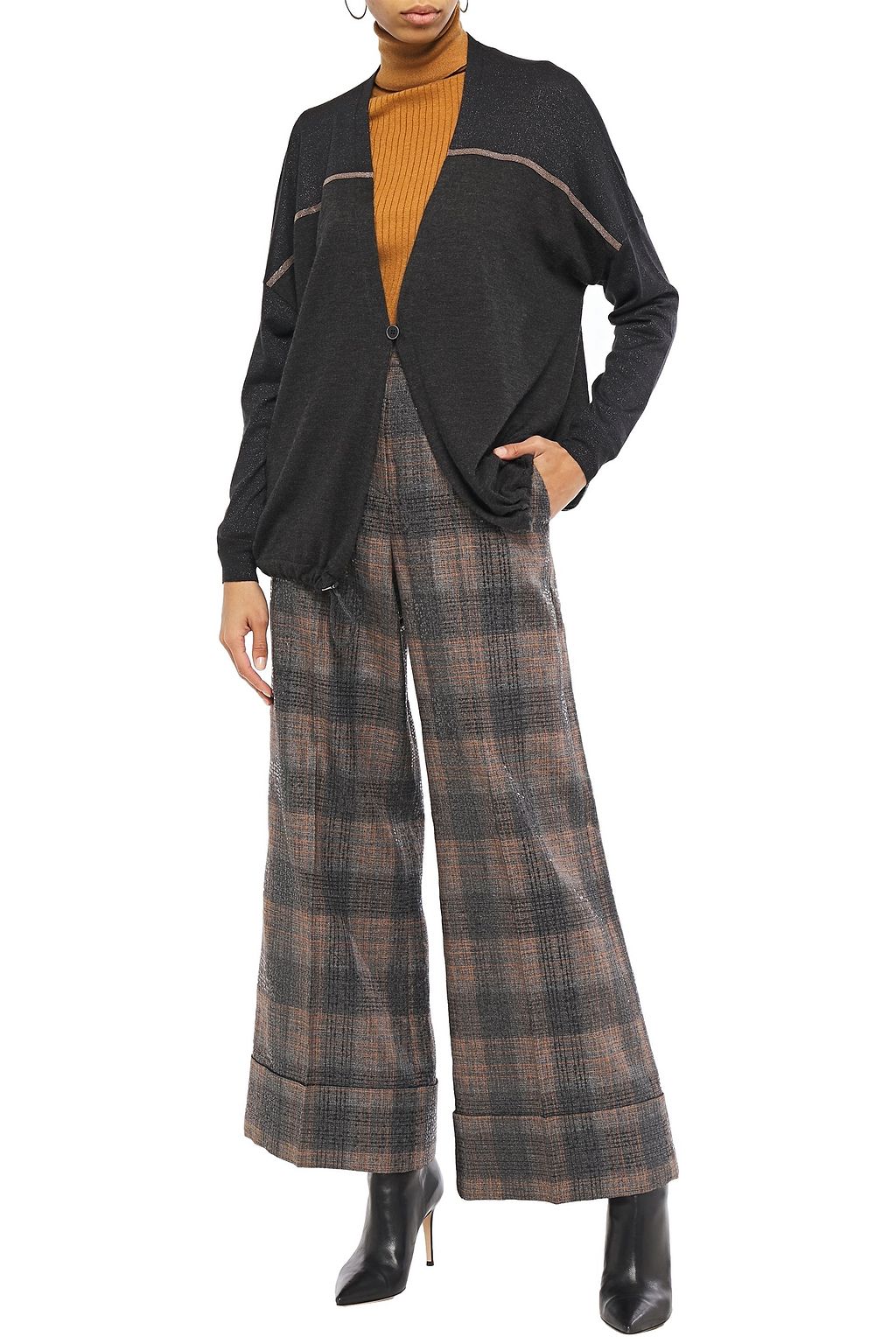 BRUNELLO CUCINELLI Sequin-embellished checked linen-blend wide-leg pants