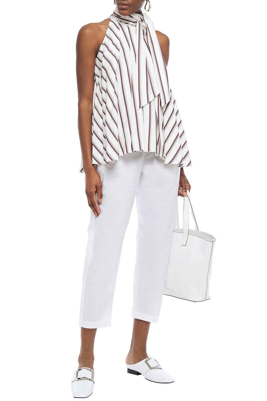 BRUNELLO CUCINELLI Tie-neck pleated striped silk top