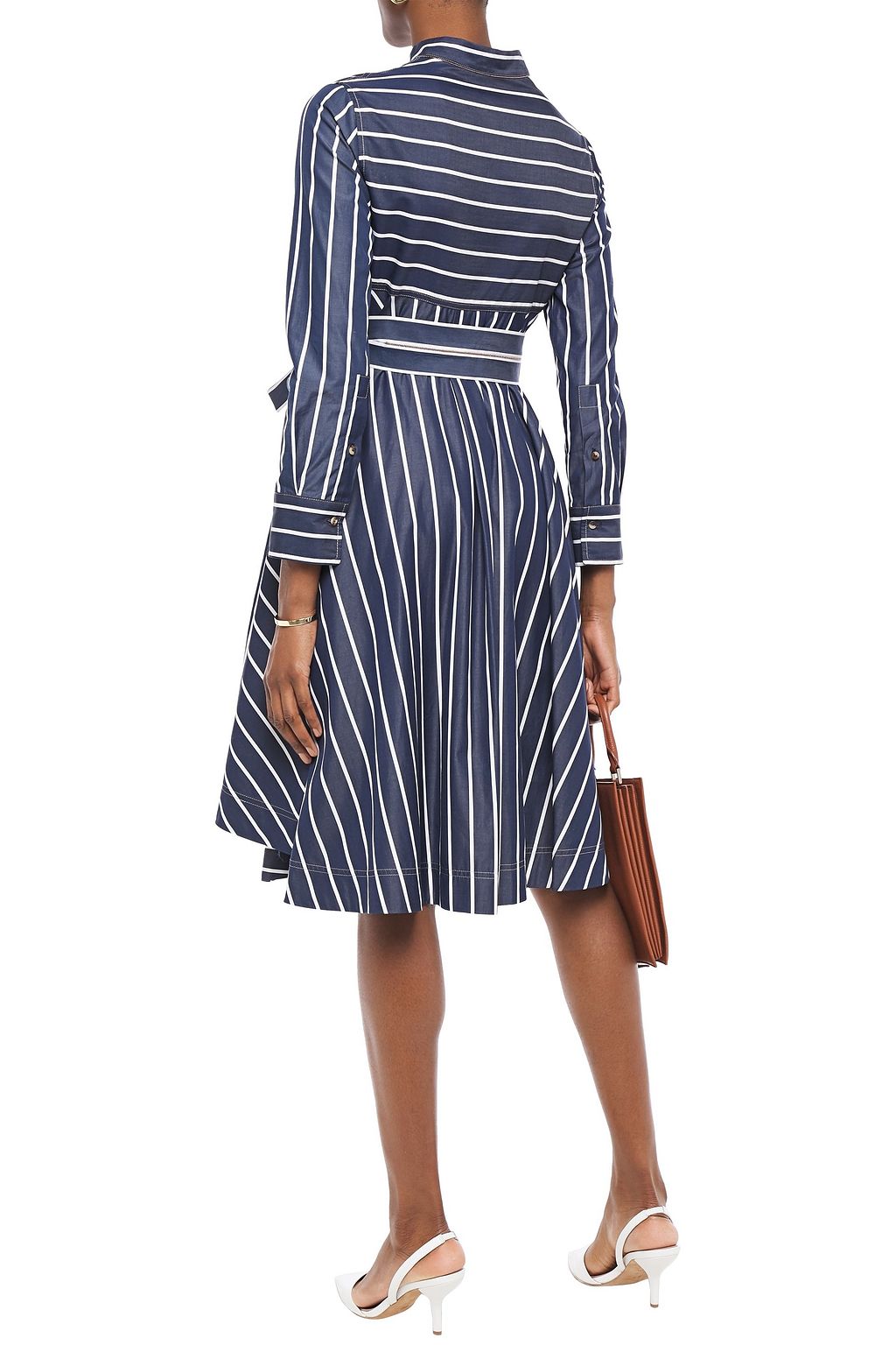 BRUNELLO CUCINELLI Belted bead-embellished striped cotton-poplin shirt dress