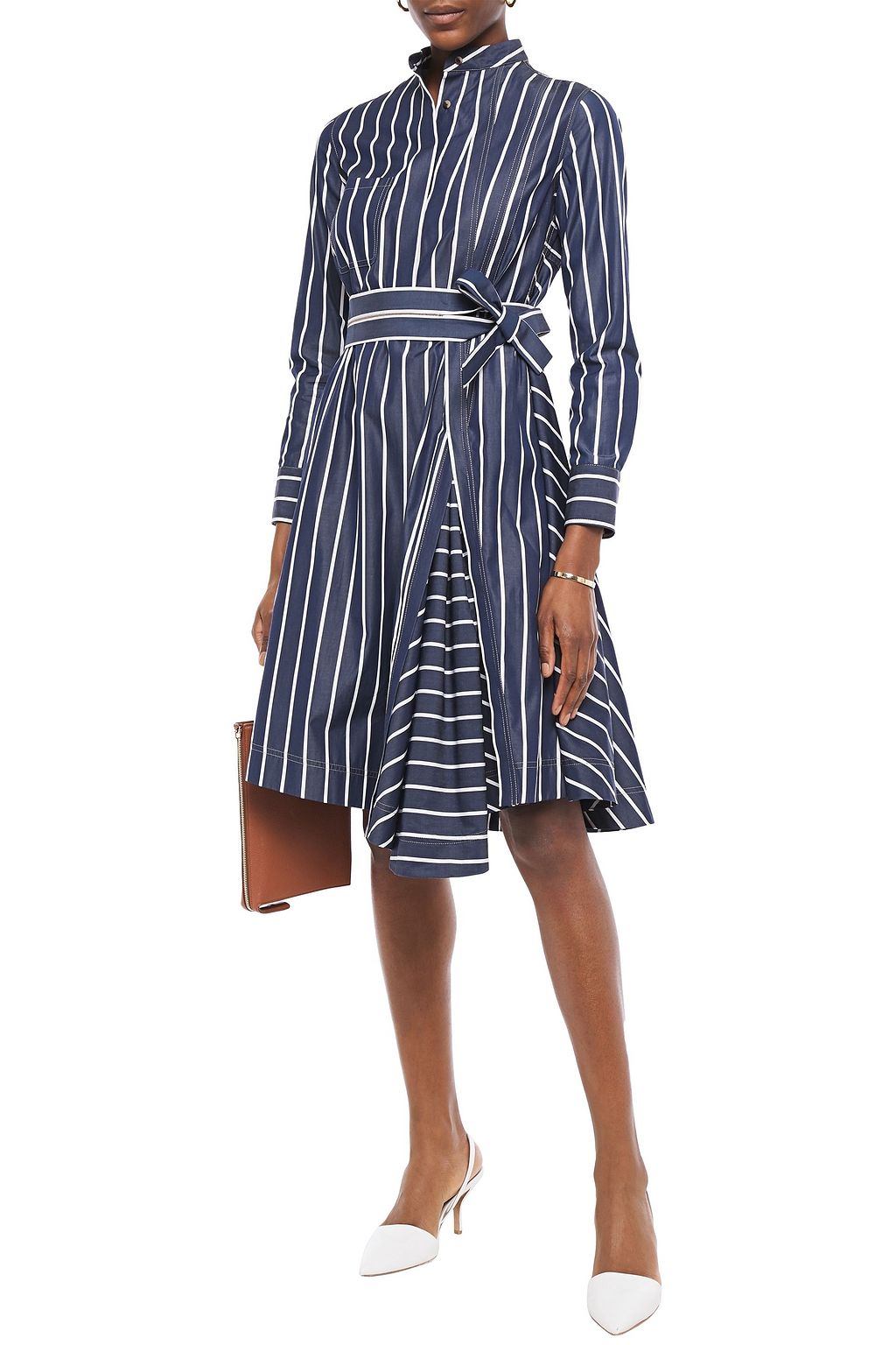 BRUNELLO CUCINELLI Belted bead-embellished striped cotton-poplin shirt dress