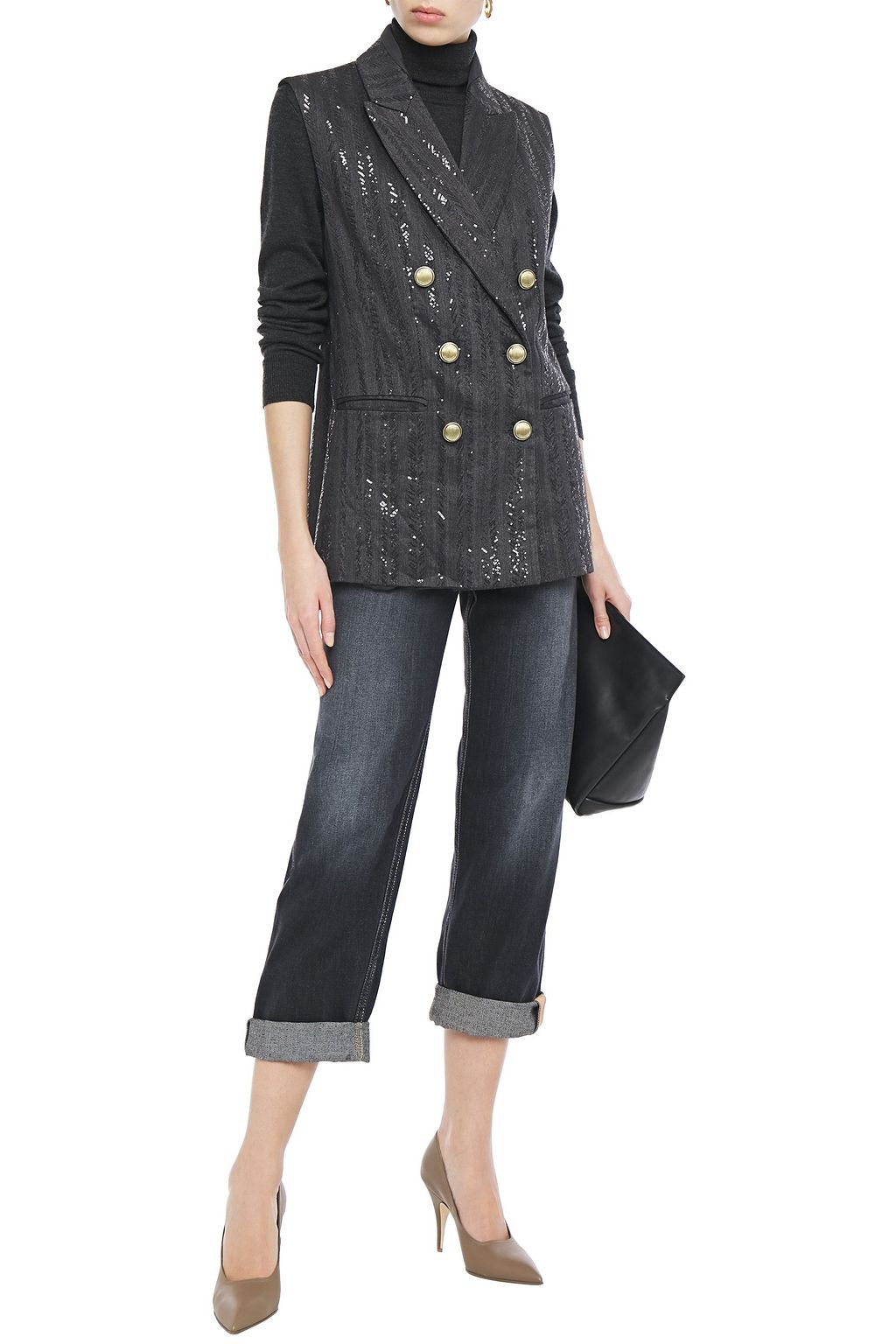 BRUNELLO CUCINELLI Double-breasted embellished herringbone cotton-blend vest