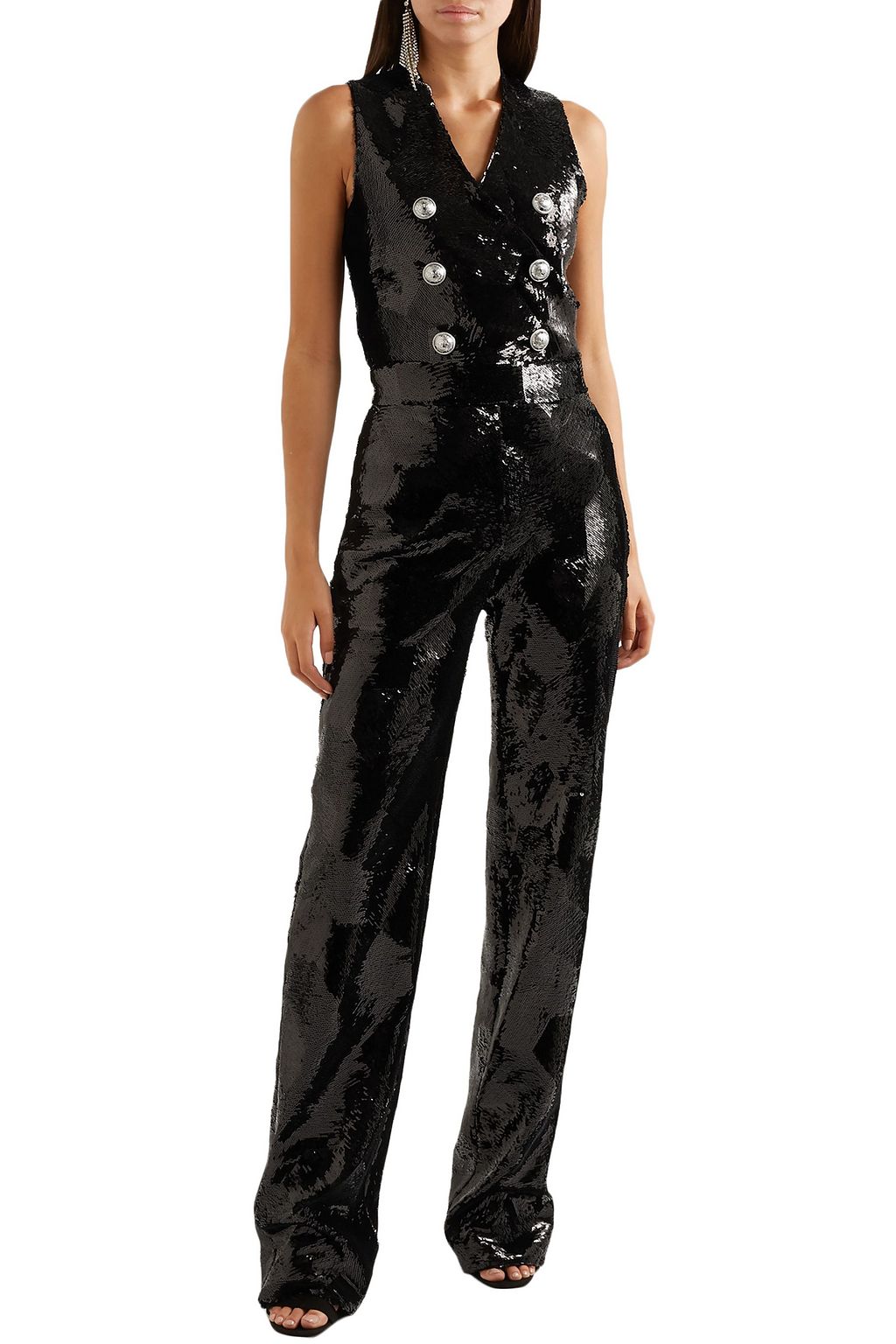 BALMAIN Button-embellished sequined crepe jumpsuit