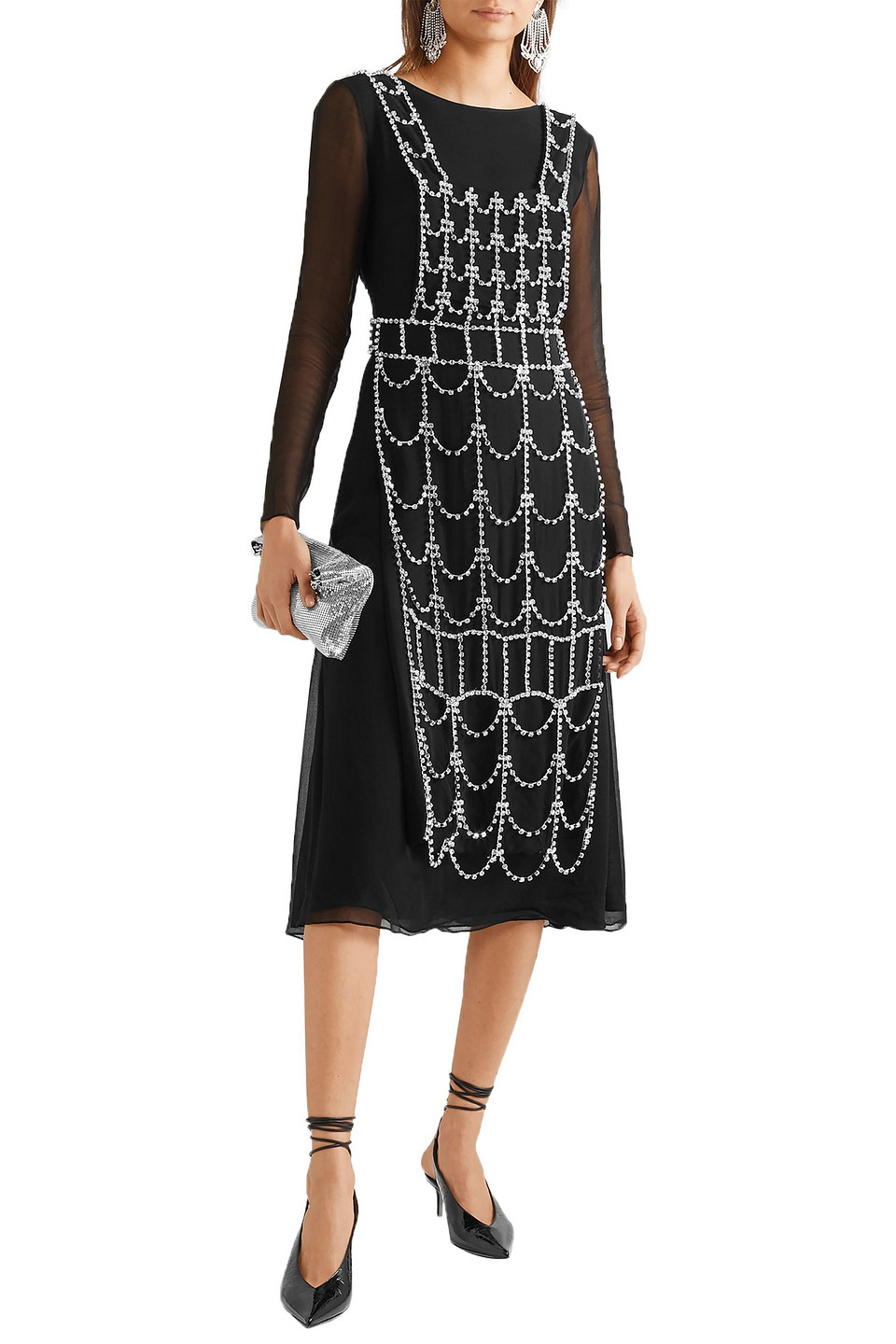 Area Open-back Layered Crystal-embellished Georgette Dress In Black