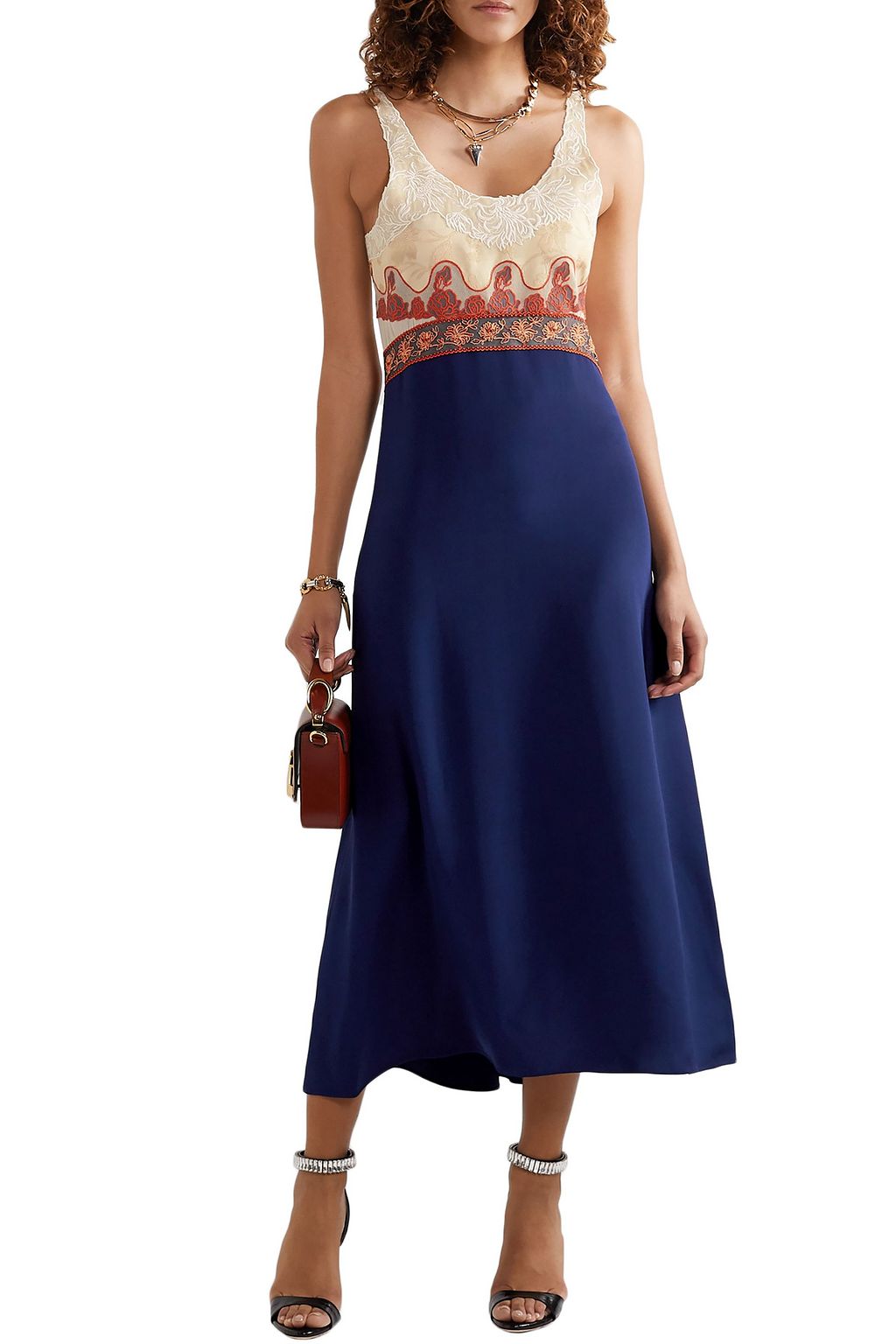CHLOÉ Paneled embroidered tulle, jacquard, chiffon and satin midi dress