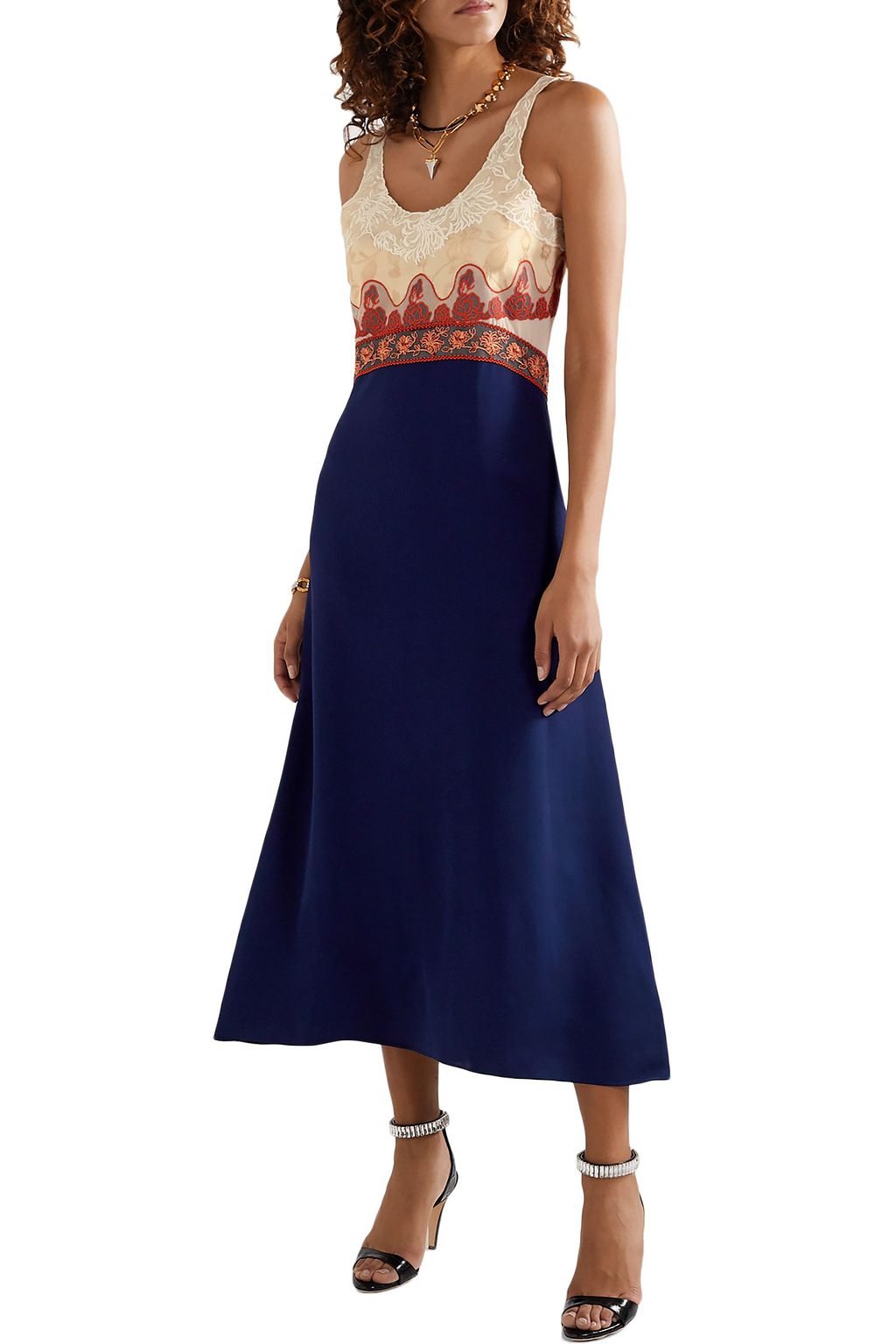 CHLOÉ Paneled embroidered tulle, jacquard, chiffon and satin midi dress
