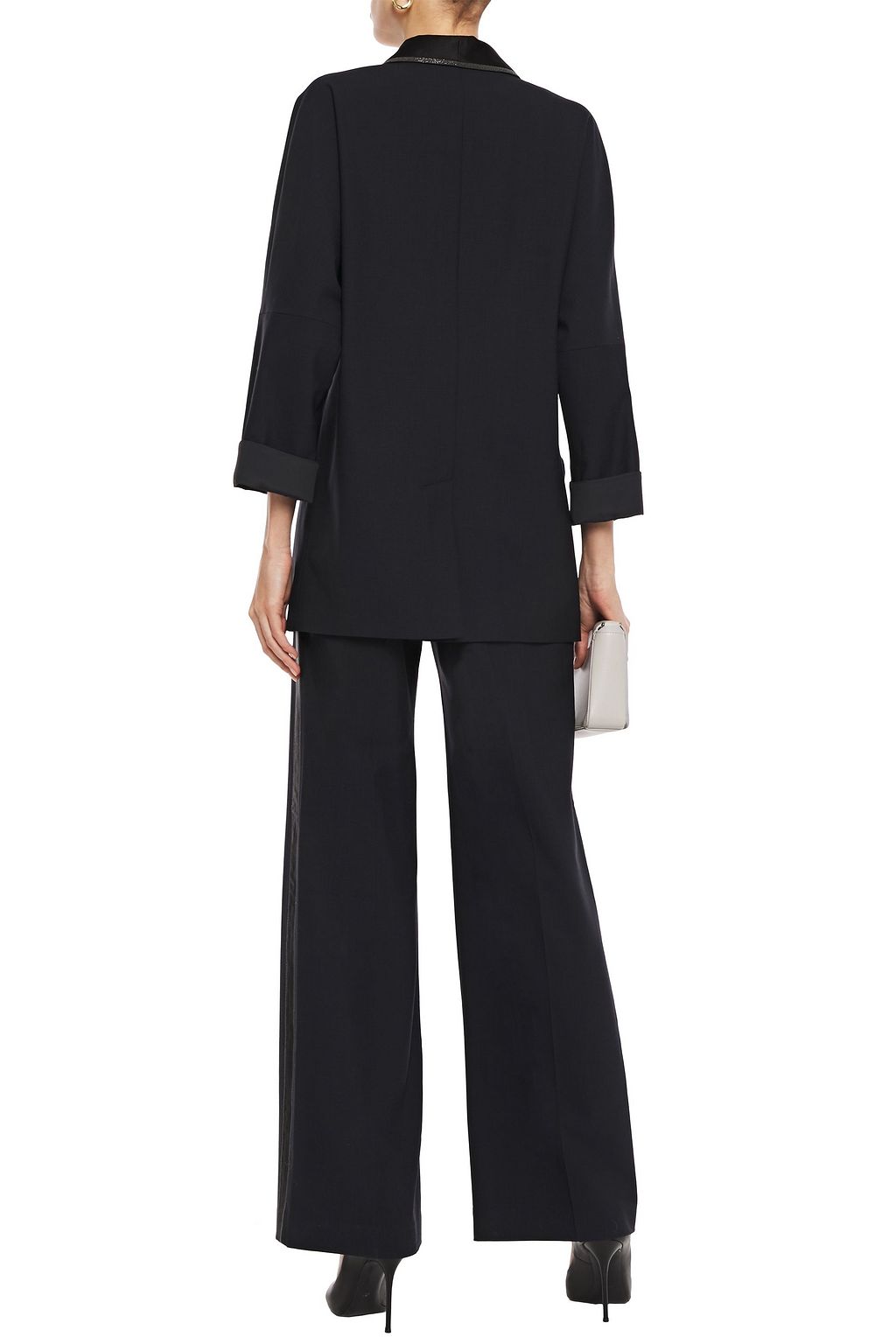 BRUNELLO CUCINELLI Double-breasted silk satin-trimmed bead-embellished wool-blend blazer
