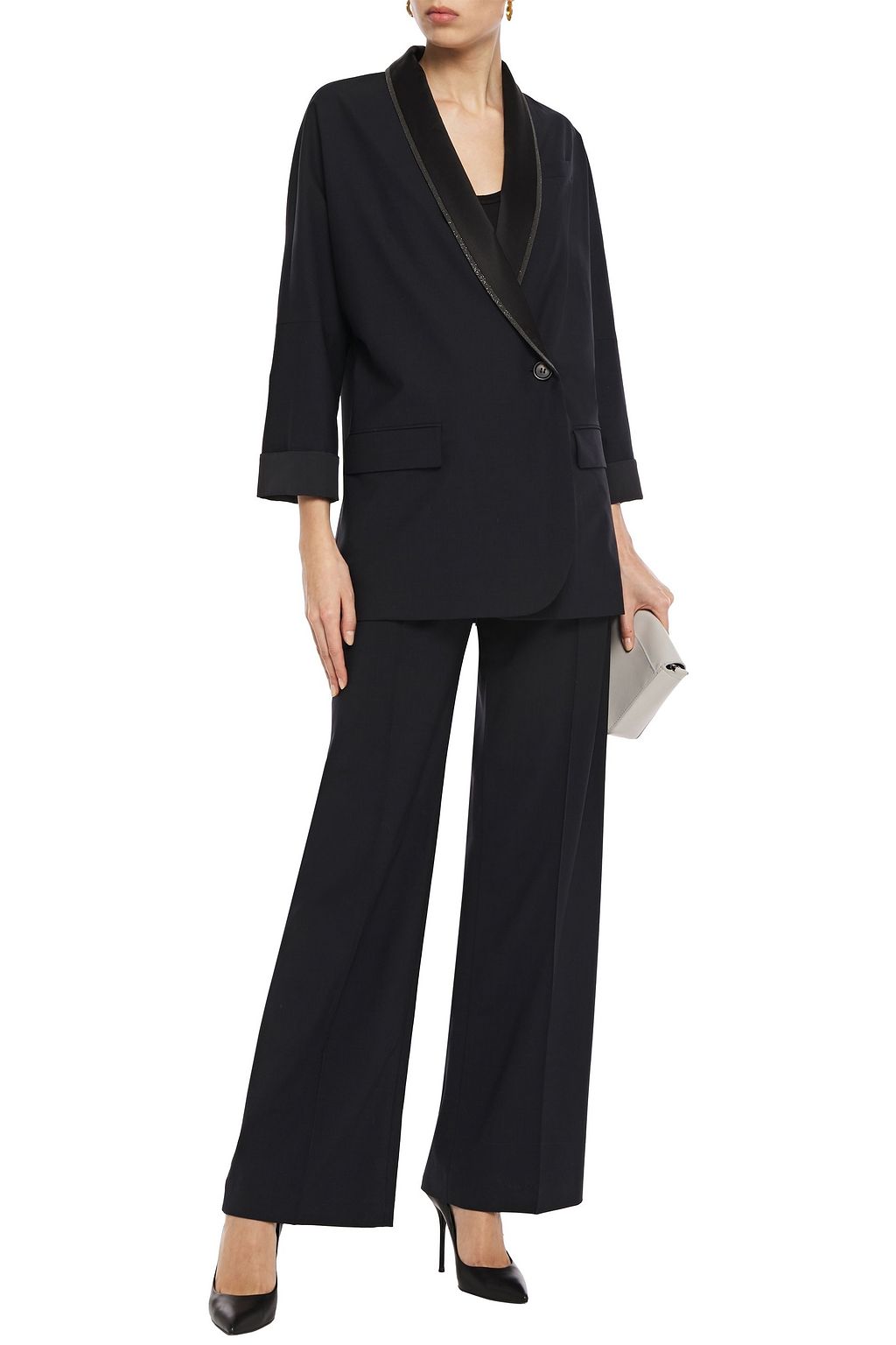 BRUNELLO CUCINELLI Double-breasted silk satin-trimmed bead-embellished wool-blend blazer