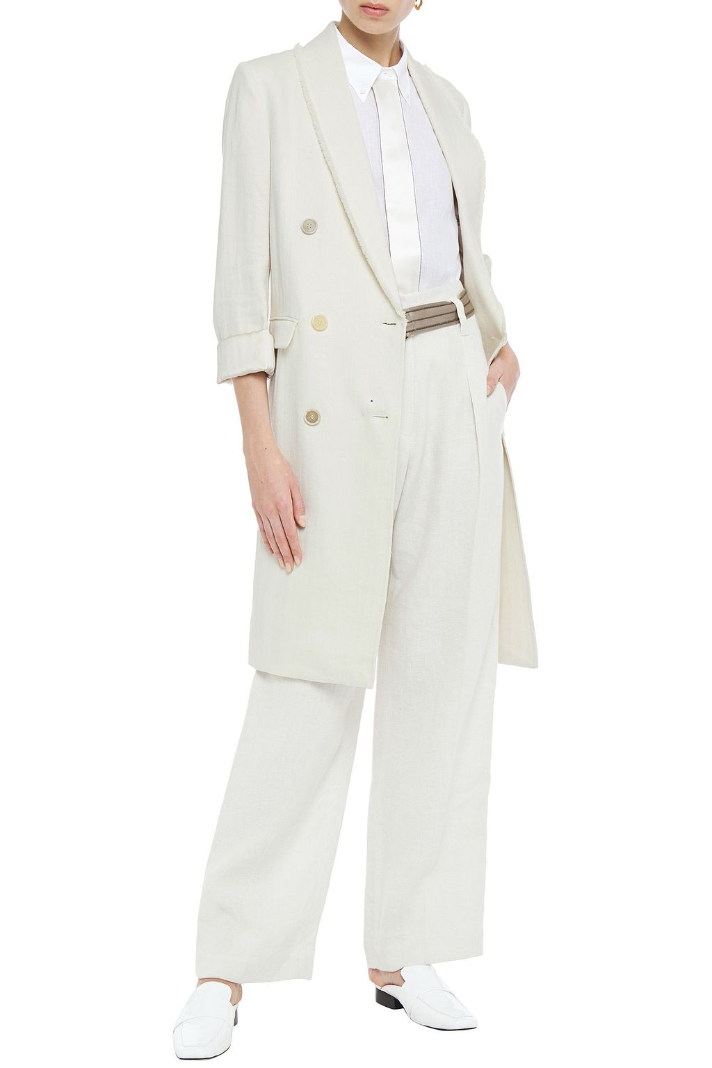 BRUNELLO CUCINELLI Double-breasted bead-embellished cotton and linen-blend coat
