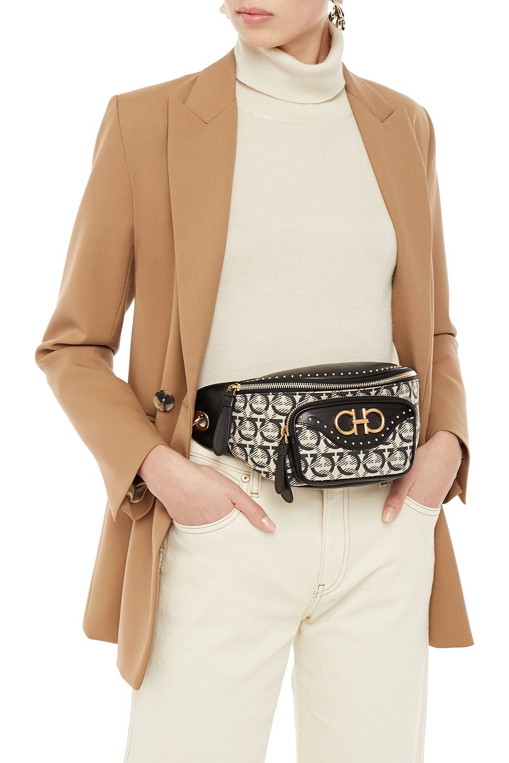 Black Embellished jacquardpaneled leather belt bag SALVATORE