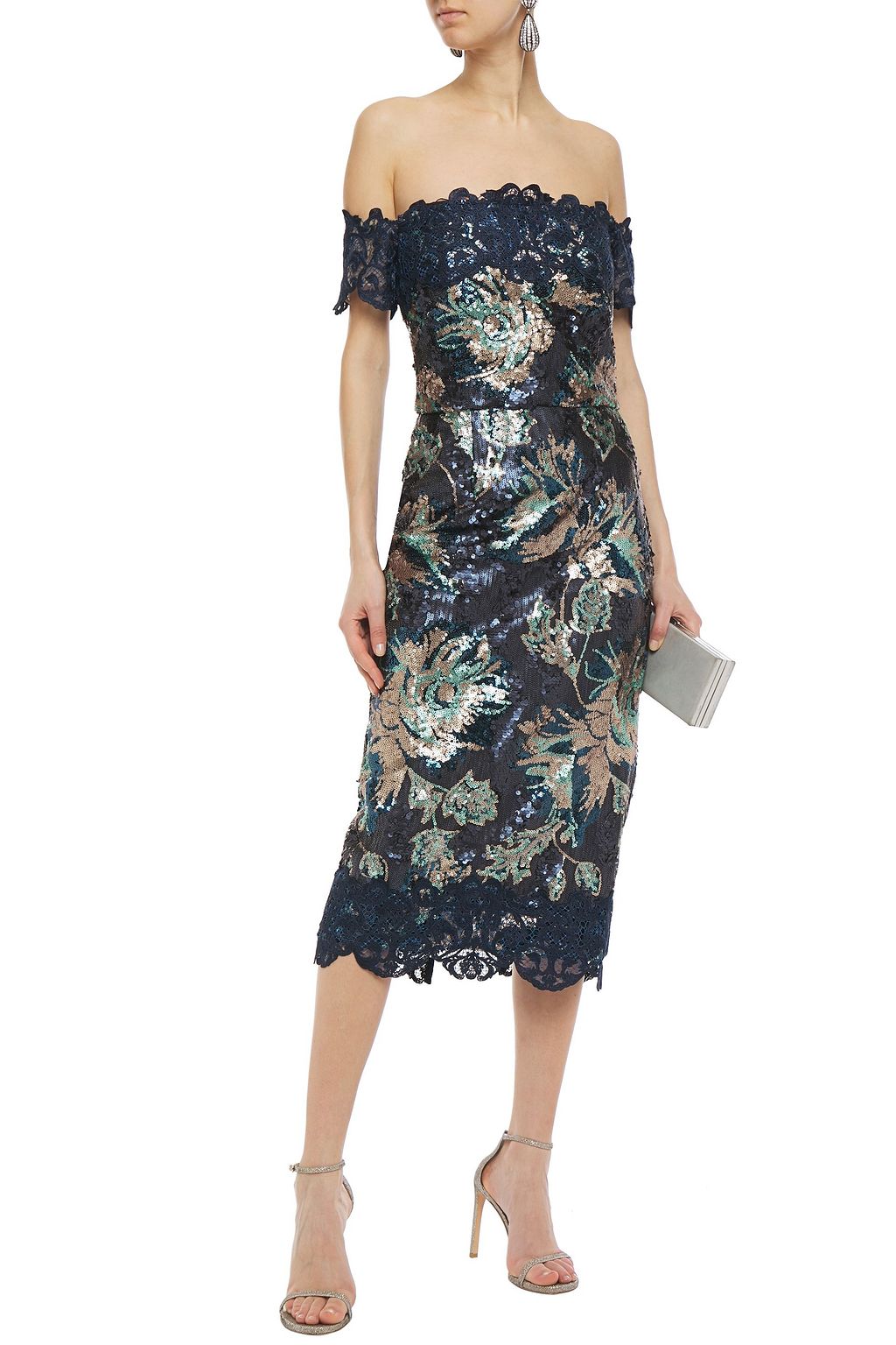 MARCHESA NOTTE Off-the-shoulder lace-trimmed sequined tulle midi dress