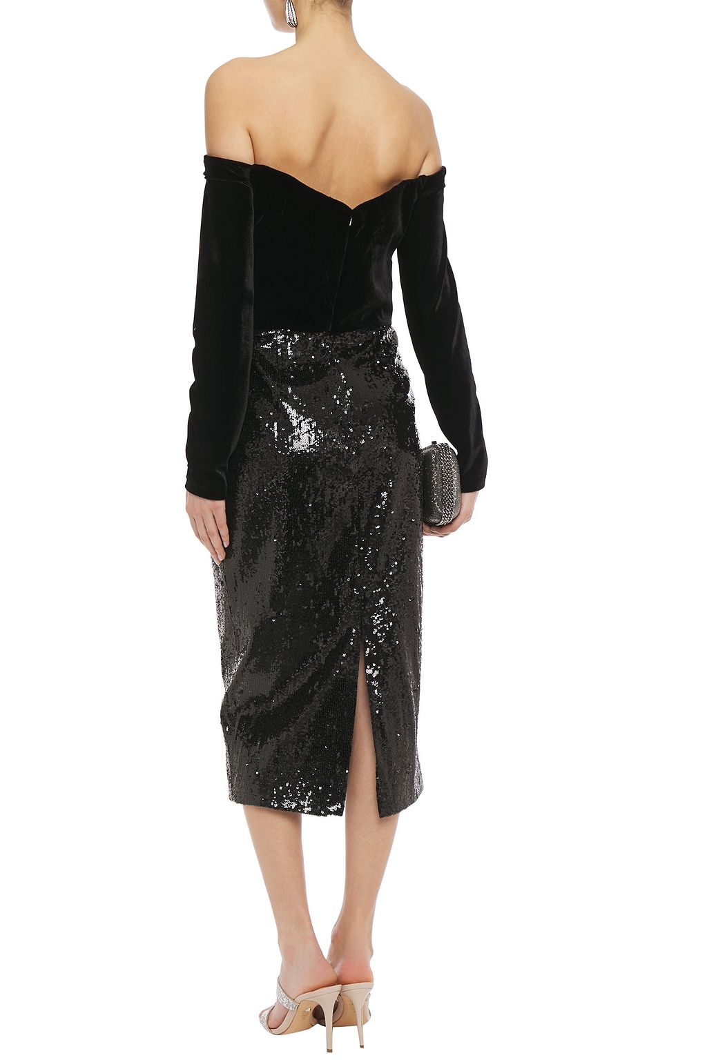 MARCHESA NOTTE Off-the-shoulder velvet-paneled sequined tulle midi dress