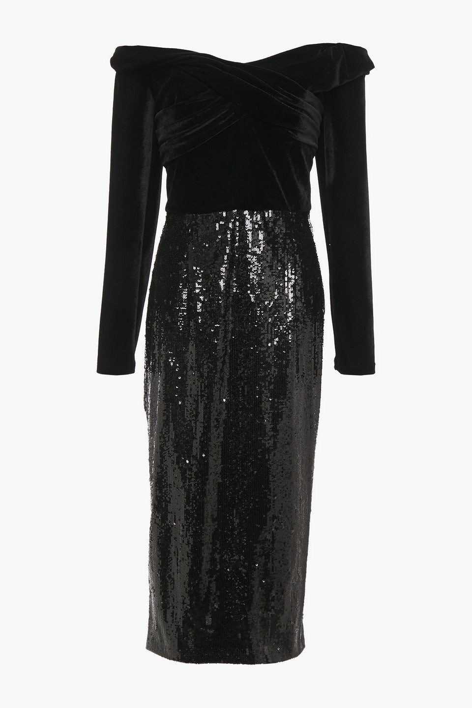 Off-the-shoulder velvet-paneled sequined tulle midi dress