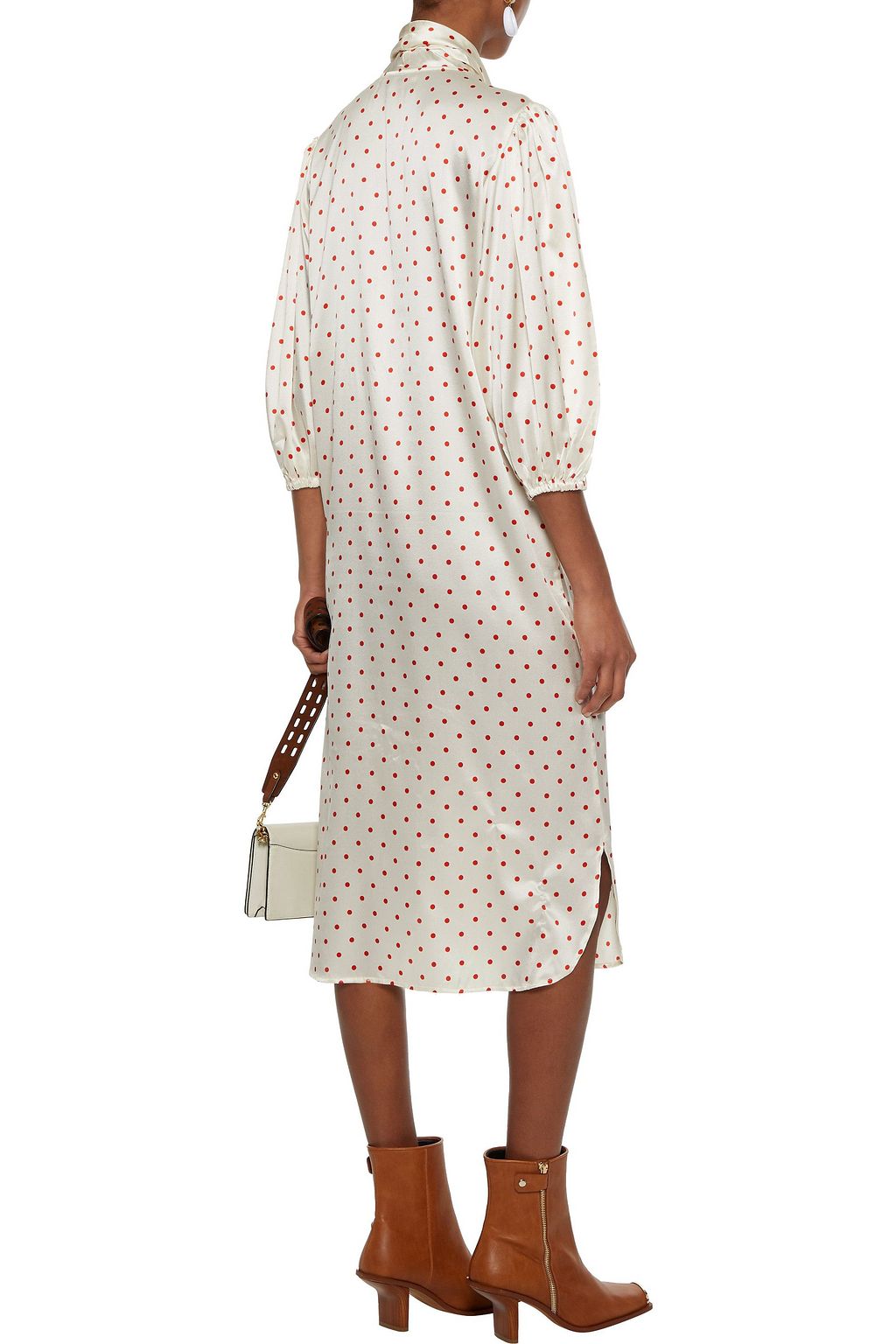 GANNI Pussy-bow polka-dot stretch-silk satin midi dress