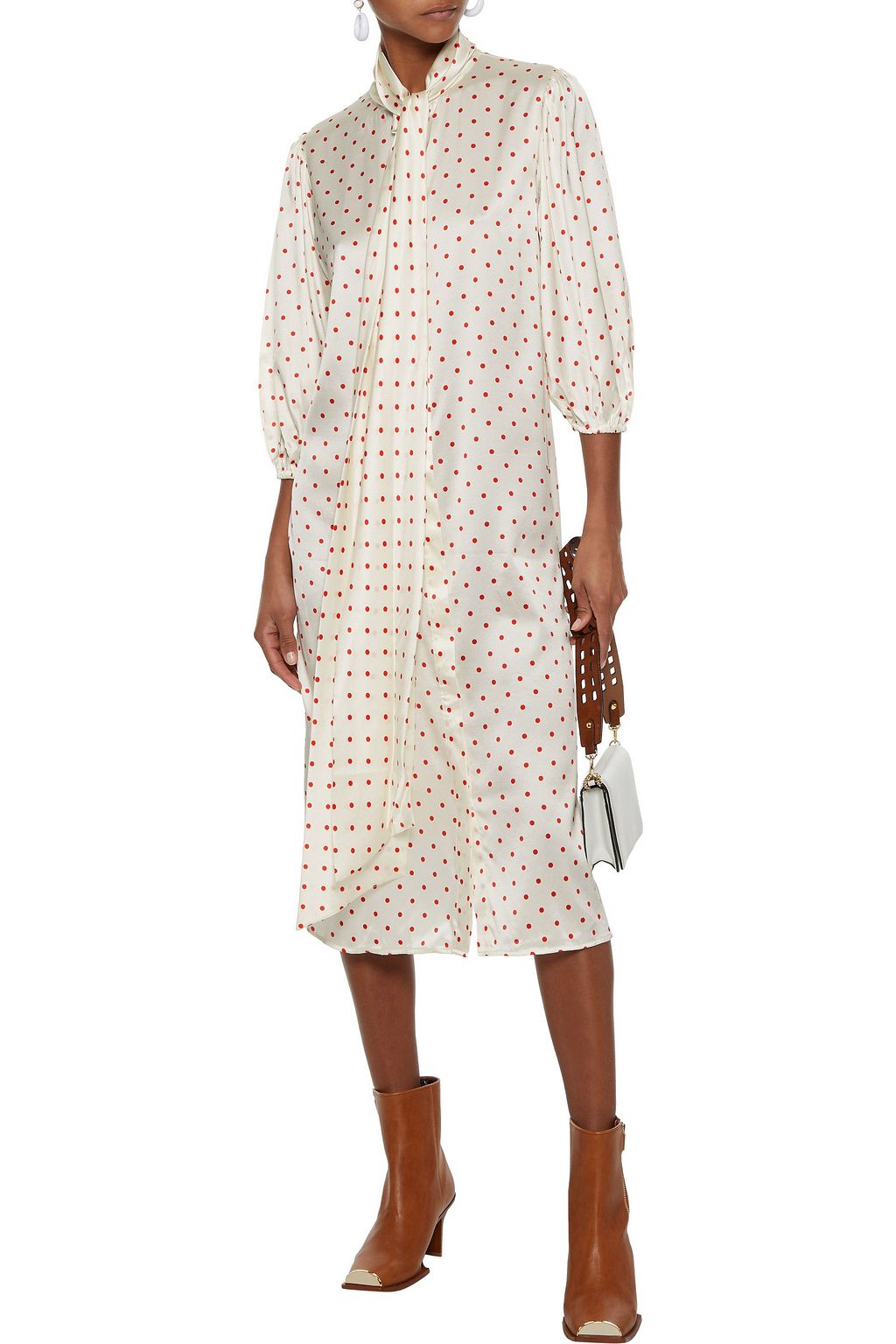 GANNI Pussy-bow polka-dot stretch-silk satin midi dress