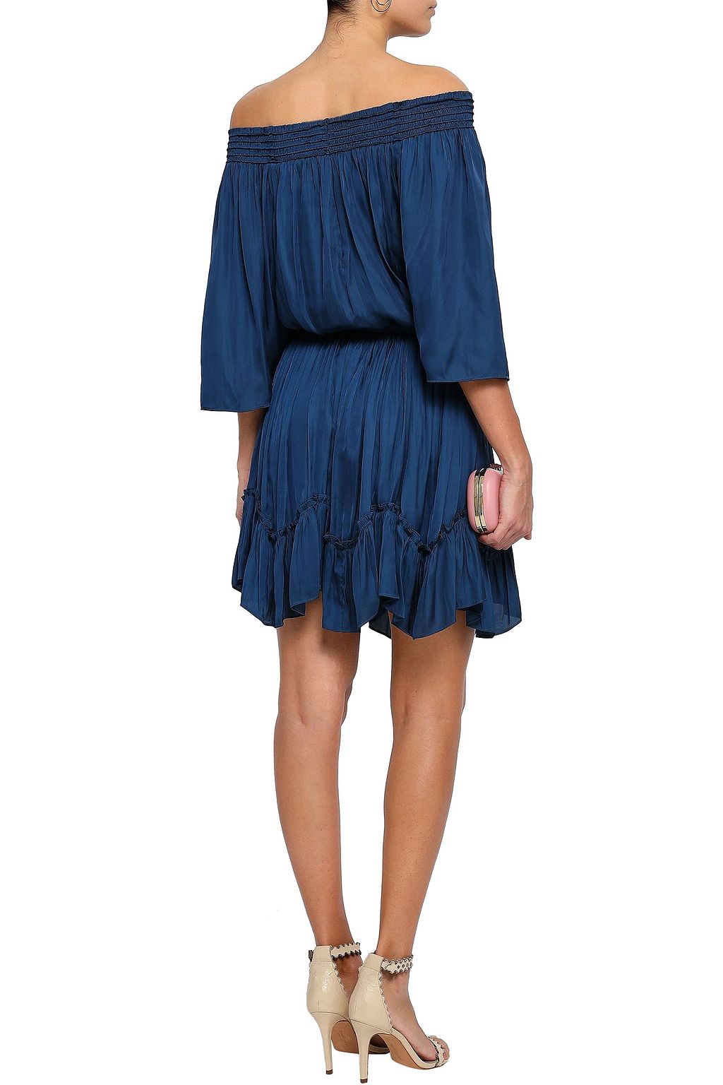 HALSTON HERITAGE Off-the-shoulder ruched satin mini dress