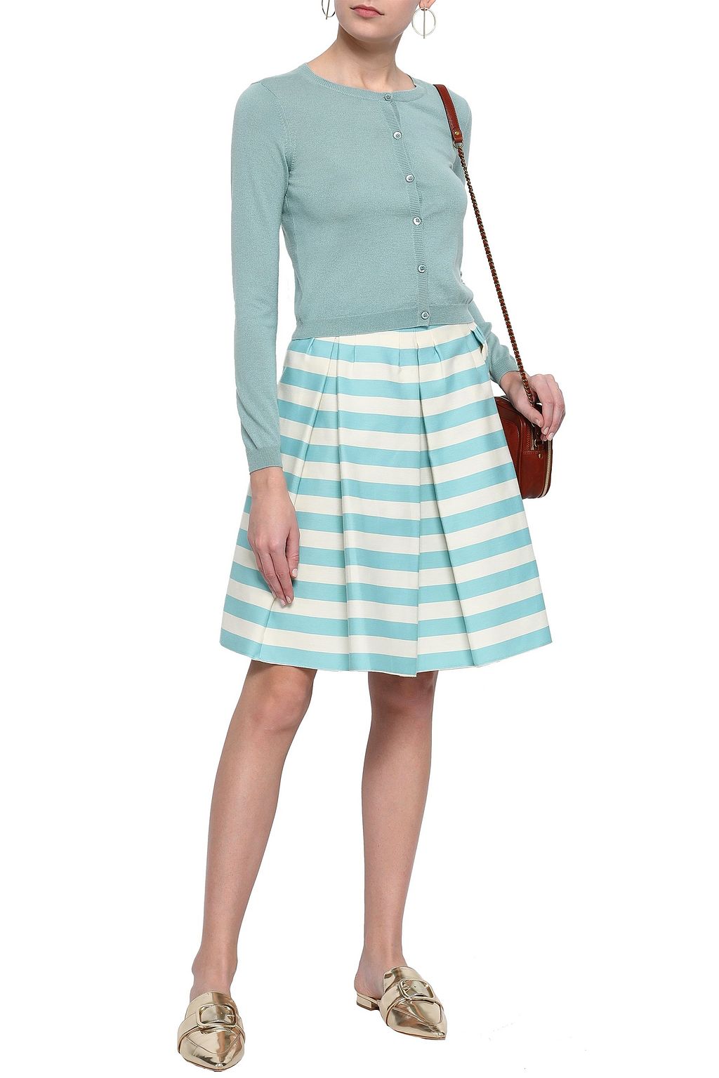 REDVALENTINO Pleated striped cotton and silk-blend twill skirt