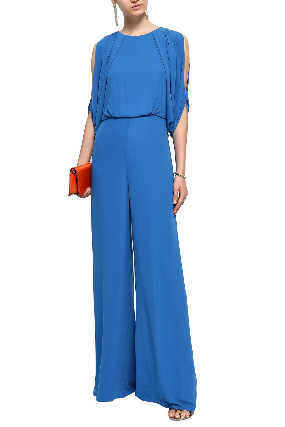  Halston - Cold-shoulder Draped Crepe De Chine Jumpsuit - Blue - Us 0 