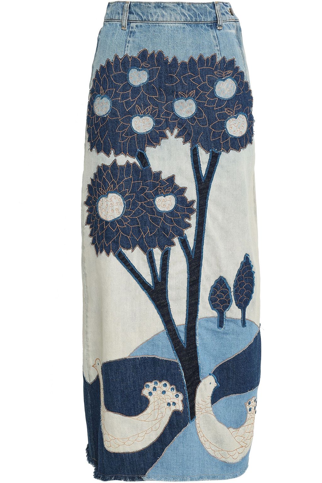 patchwork denim maxi skirt