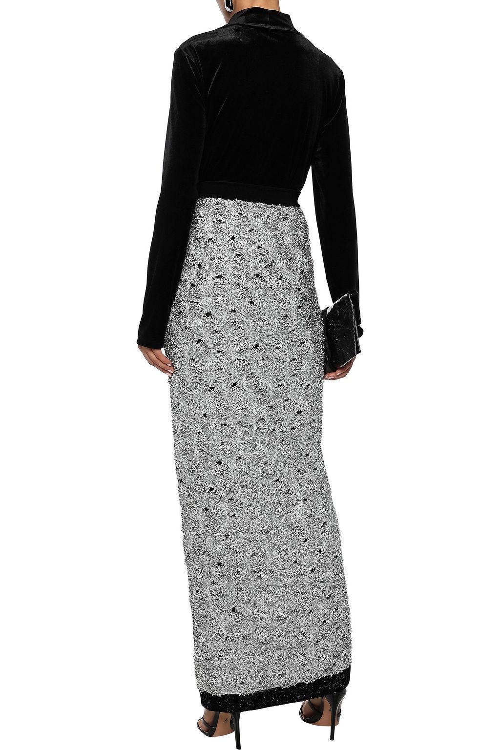 BALMAIN Split-front tinsel and metallic stretch-knit maxi skirt