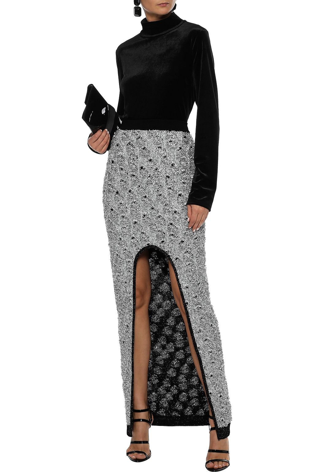 BALMAIN Split-front tinsel and metallic stretch-knit maxi skirt
