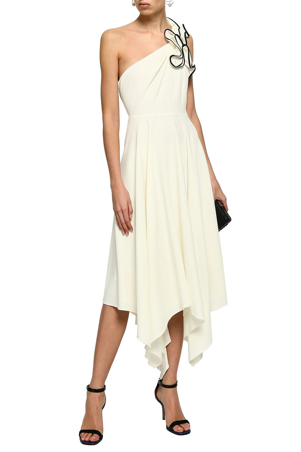  Halston - One-shoulder Ruffled Stretch-crepe Midi Dress - White - Us 0 