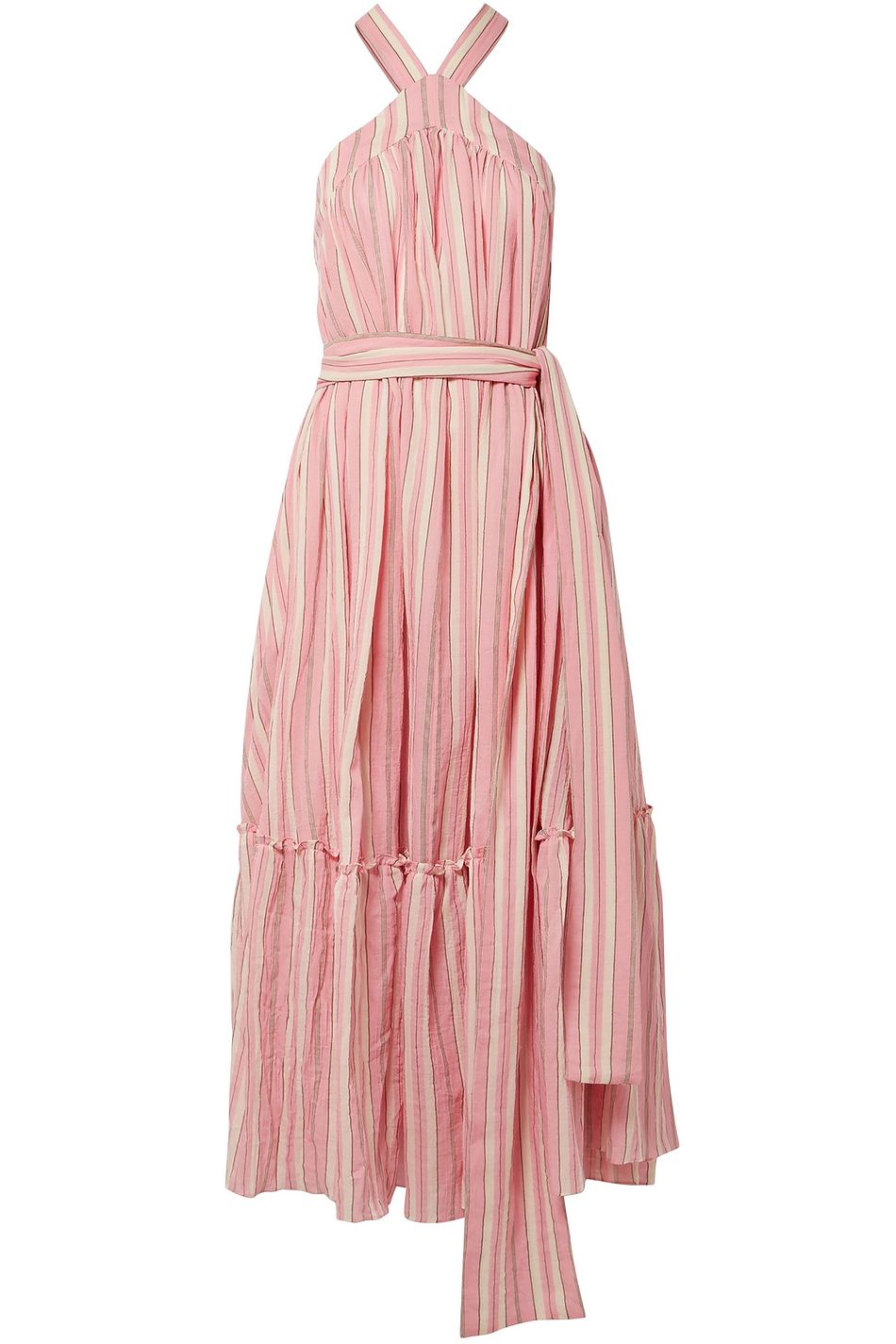 stripe ruffle cotton maxi dress