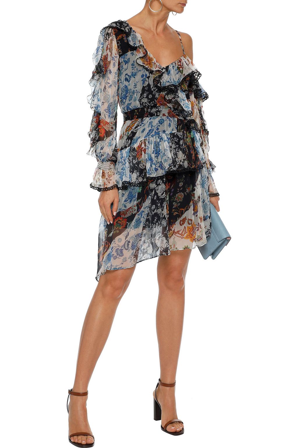 LOVE SAM Cold-shoulder ruffled floral-print georgette mini dress