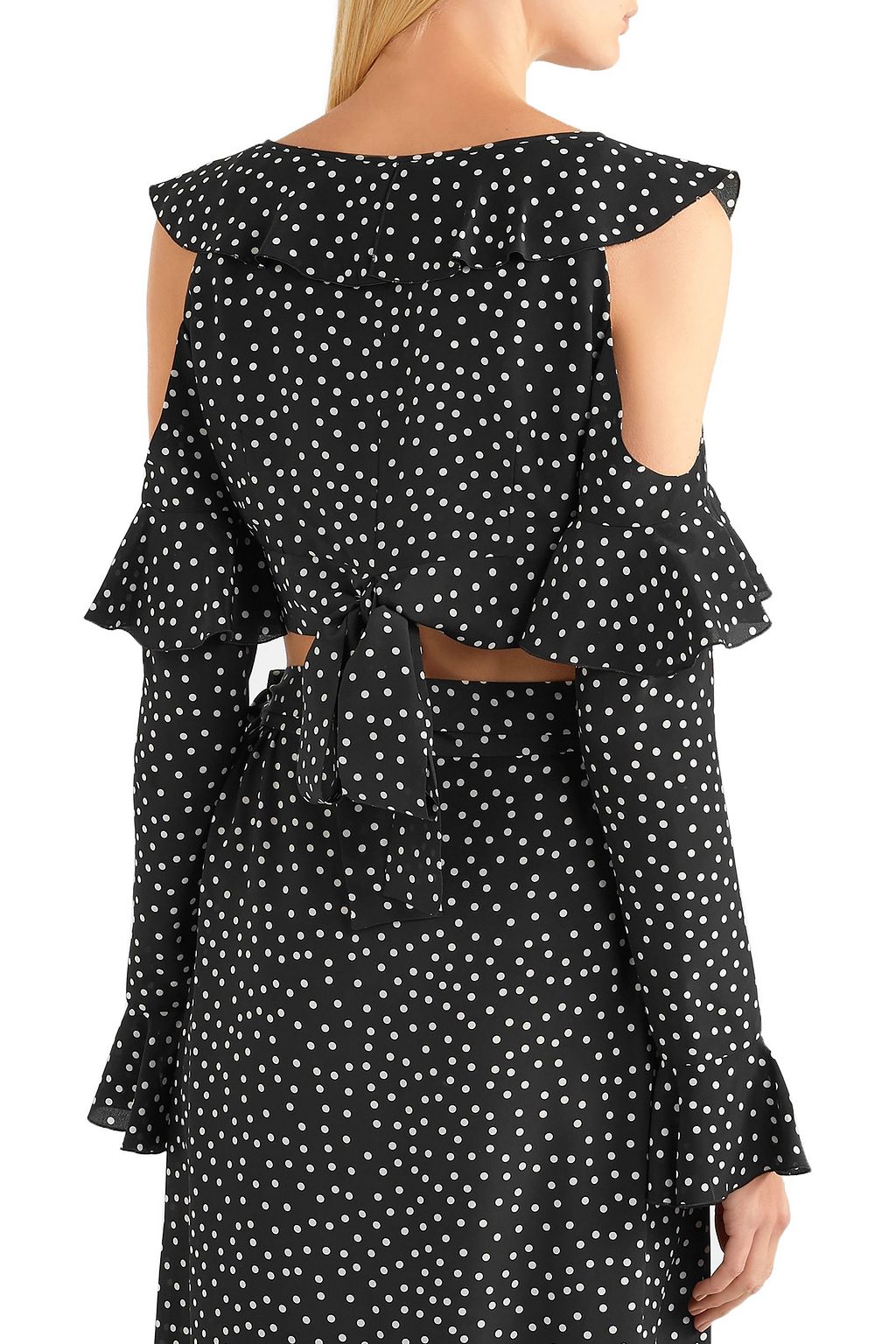 RAQUEL DINIZ Cropped cold-shoulder ruffled polka-dot silk top