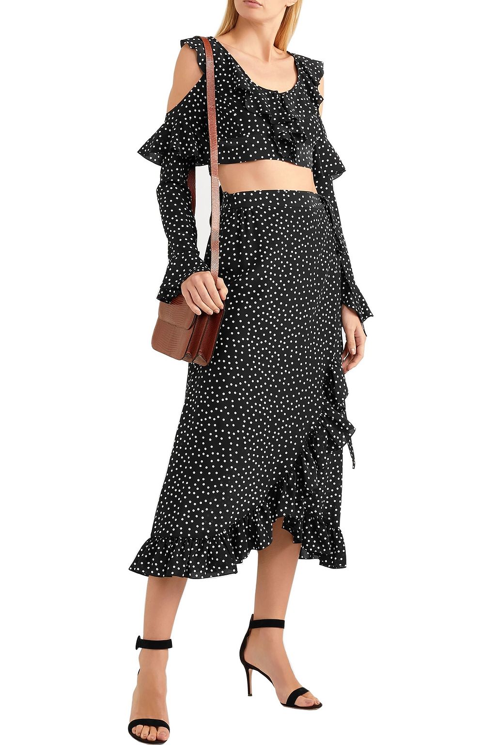 RAQUEL DINIZ Cropped cold-shoulder ruffled polka-dot silk top