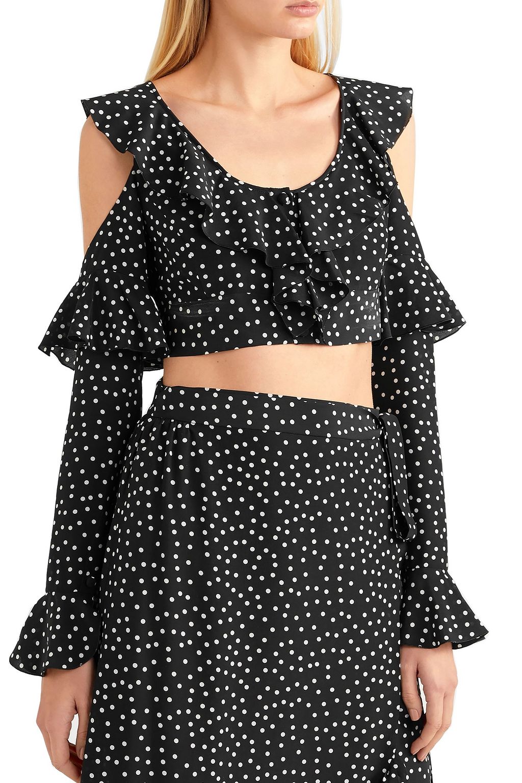 RAQUEL DINIZ Cropped cold-shoulder ruffled polka-dot silk top