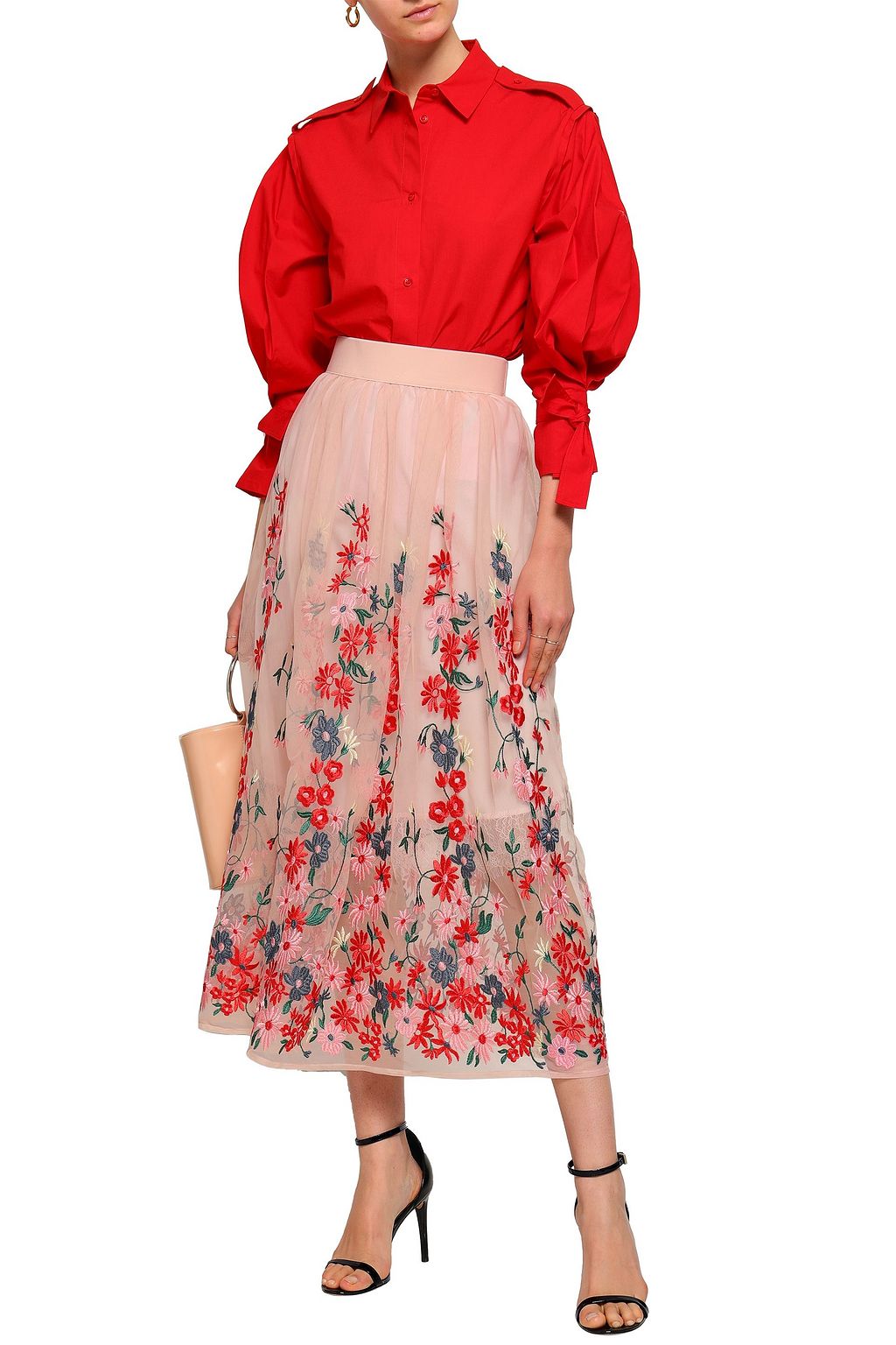 MAJE Embroidered tulle midi skirt