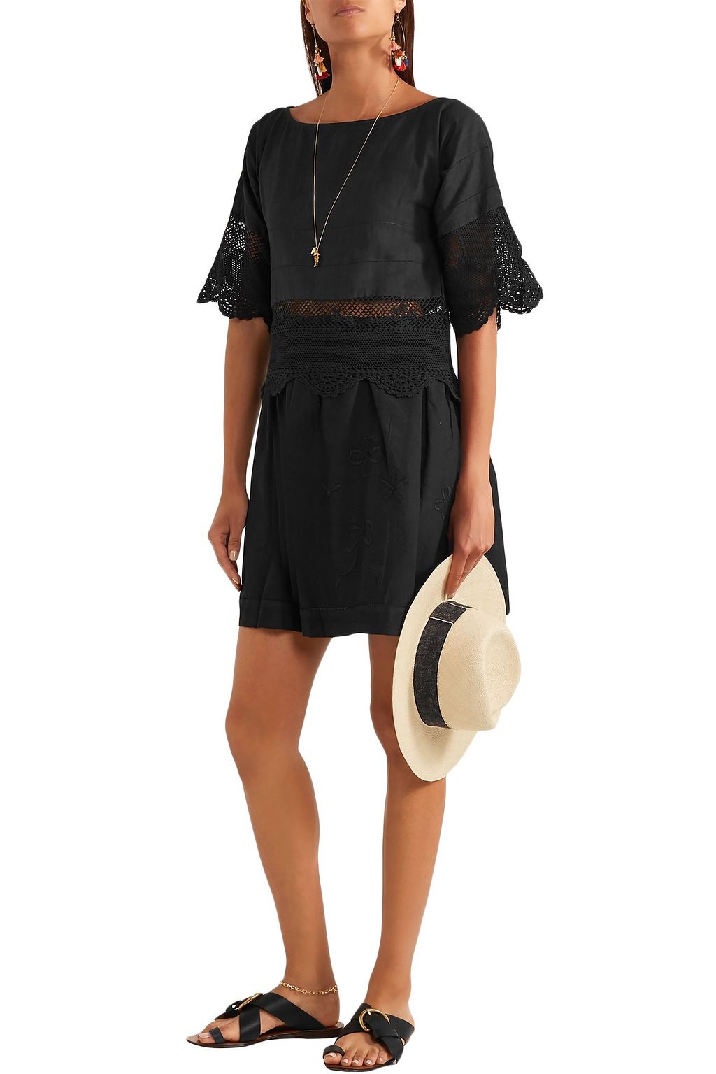 PLACE NATIONALE Crochet-trimmed cotton mini dress