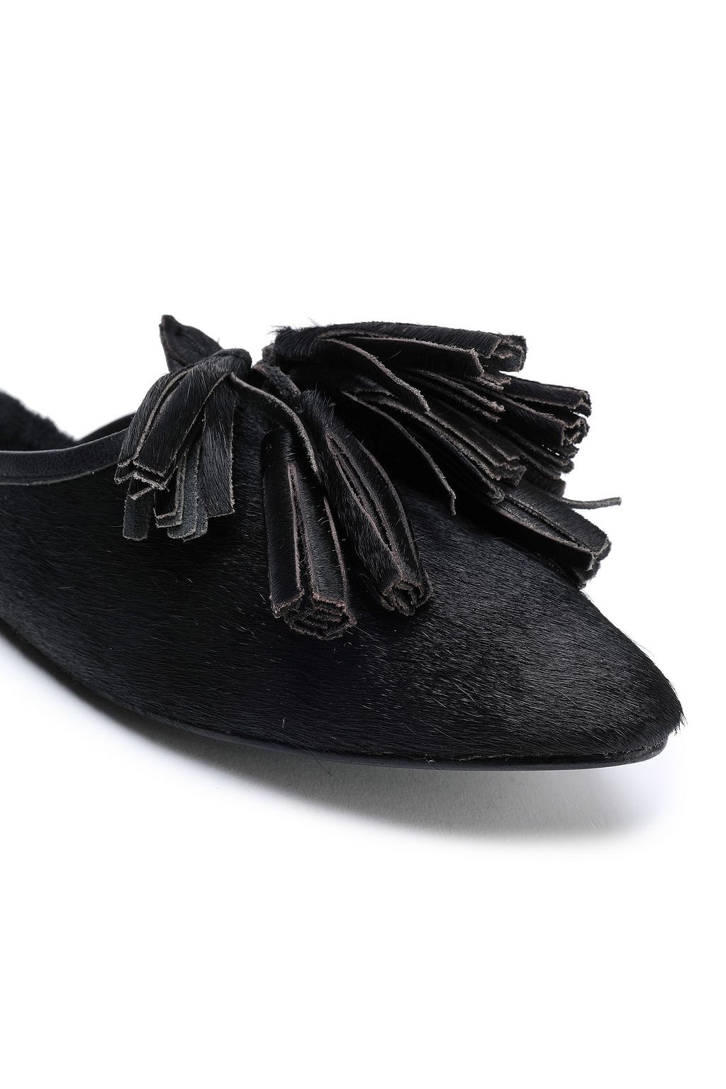 FIGUE Sade shearling-lined tasseled calf hair slippers