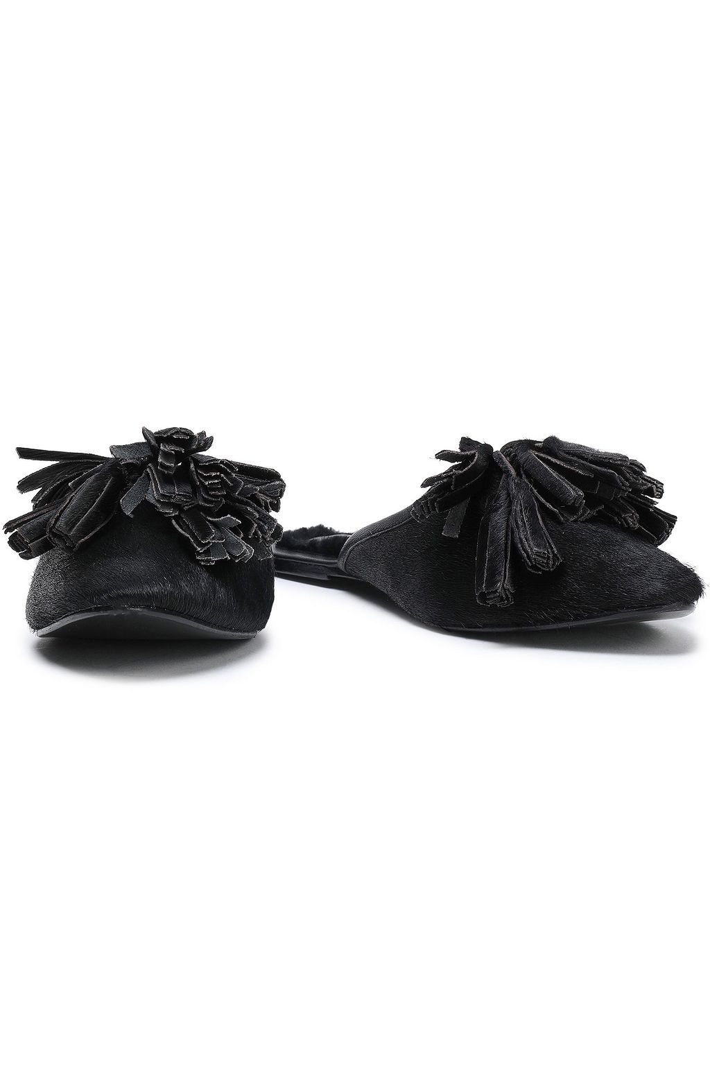 FIGUE Sade shearling-lined tasseled calf hair slippers