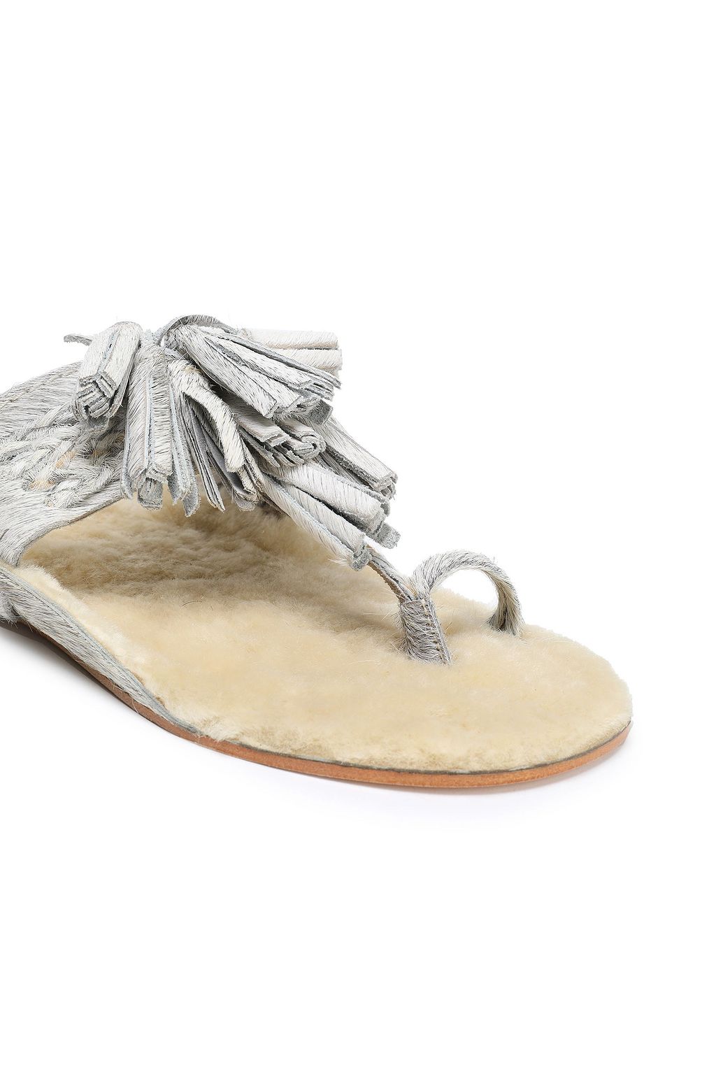 FIGUE Tasseled shearling-lined metallic calf hair sandals