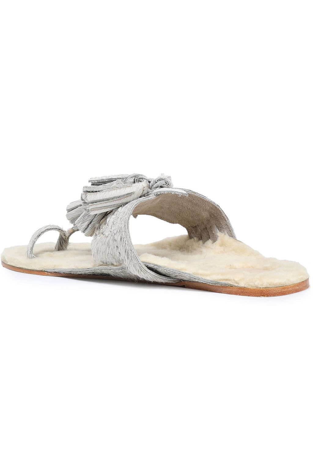 FIGUE Tasseled shearling-lined metallic calf hair sandals
