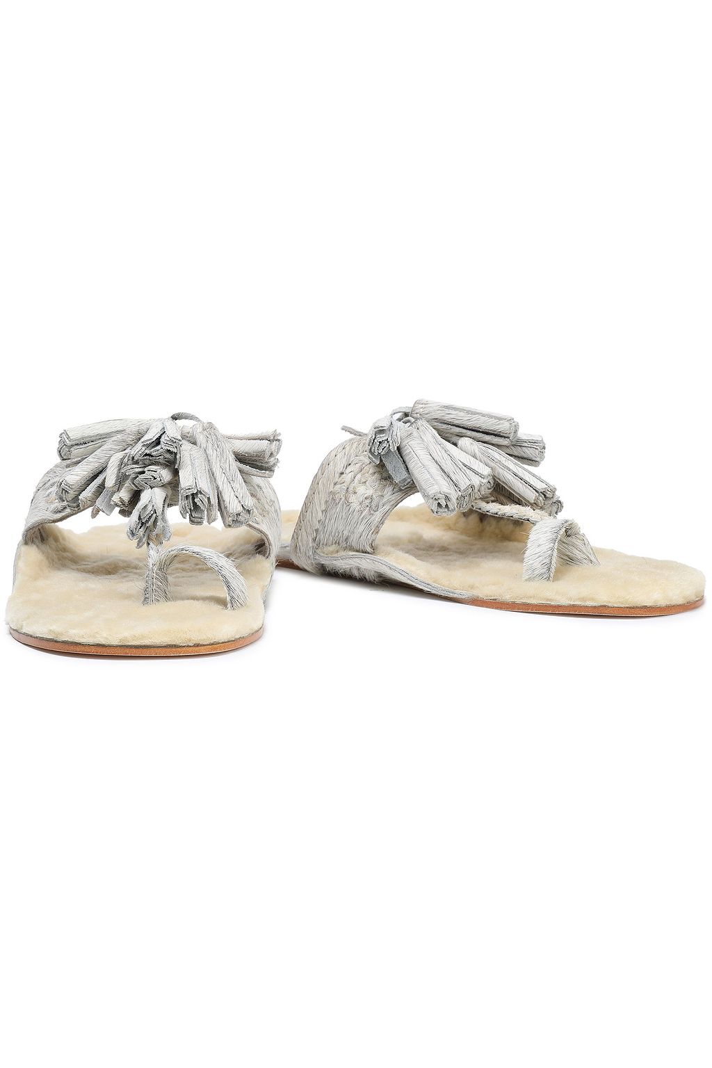 FIGUE Tasseled shearling-lined metallic calf hair sandals