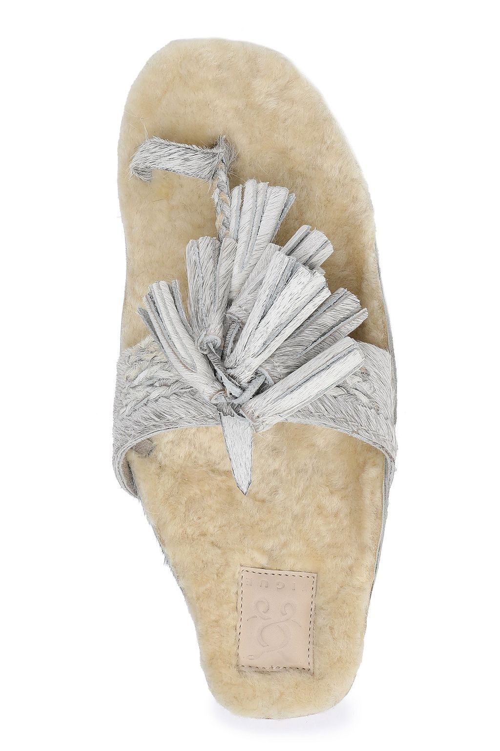 FIGUE Tasseled shearling-lined metallic calf hair sandals