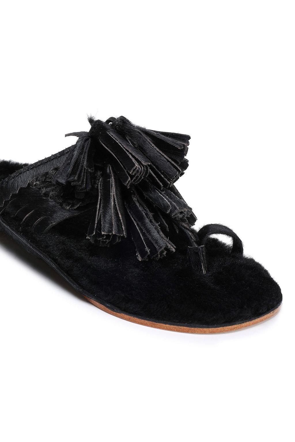 FIGUE Tasseled shearling-lined calf hair sandals