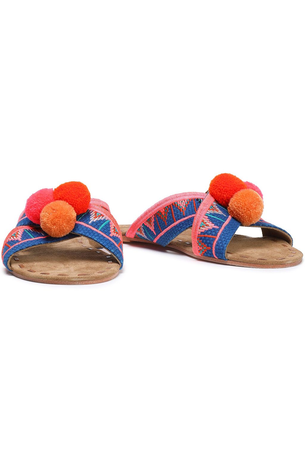 FIGUE Pompom-embellished embroidered canvas sandals