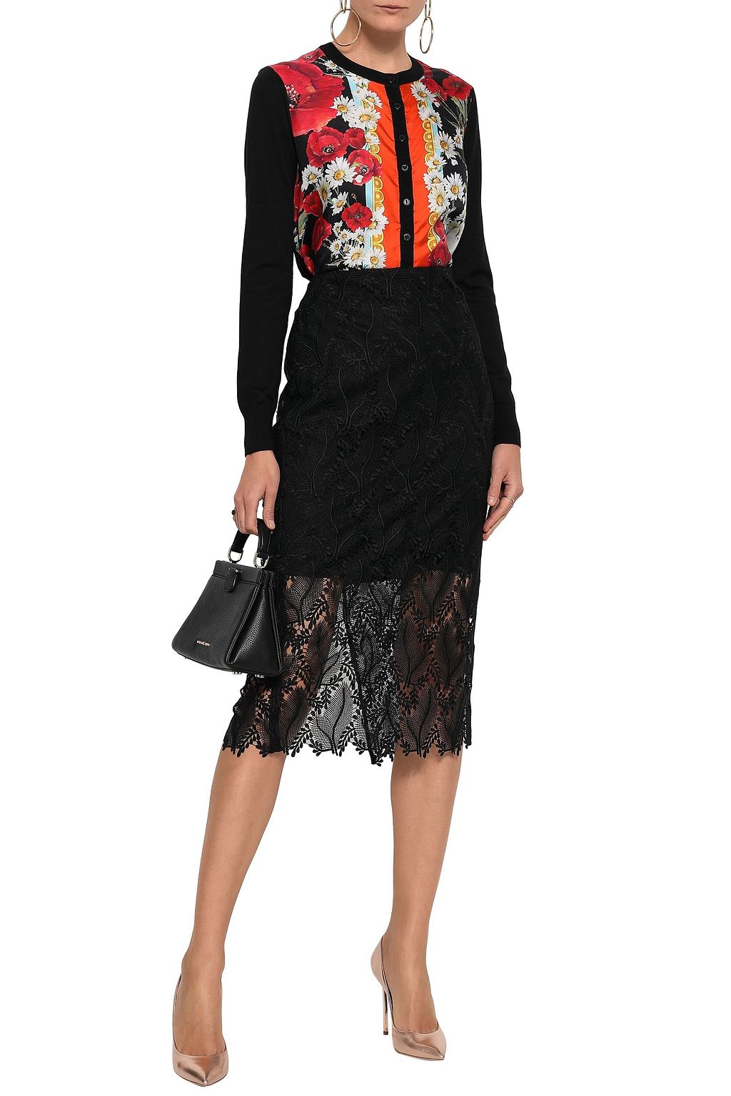 DOLCE&GABBANA Printed twill-paneled silk and cashmere-blend cardigan