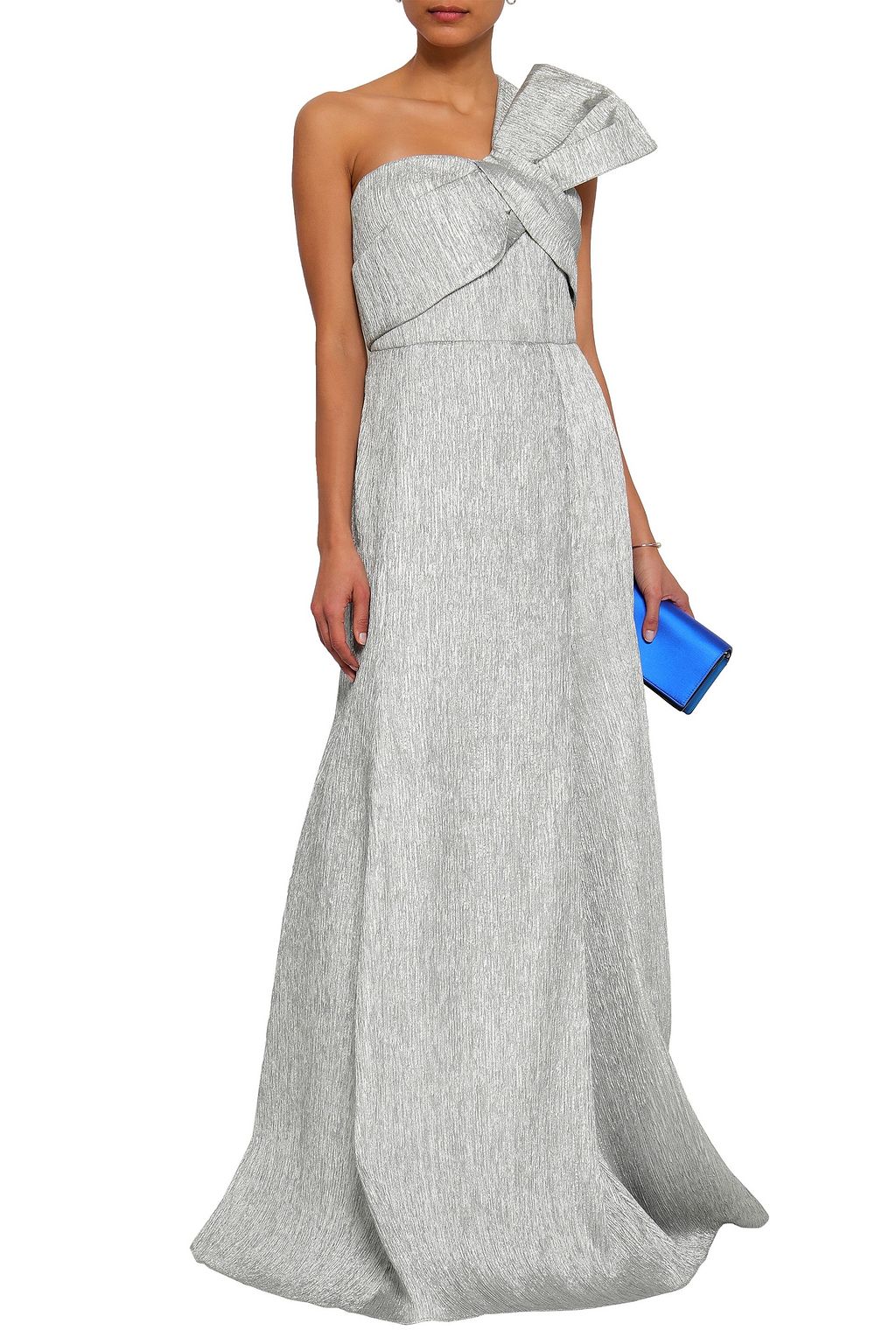 SAFIYAA One-shoulder bow-embellished lamé gown