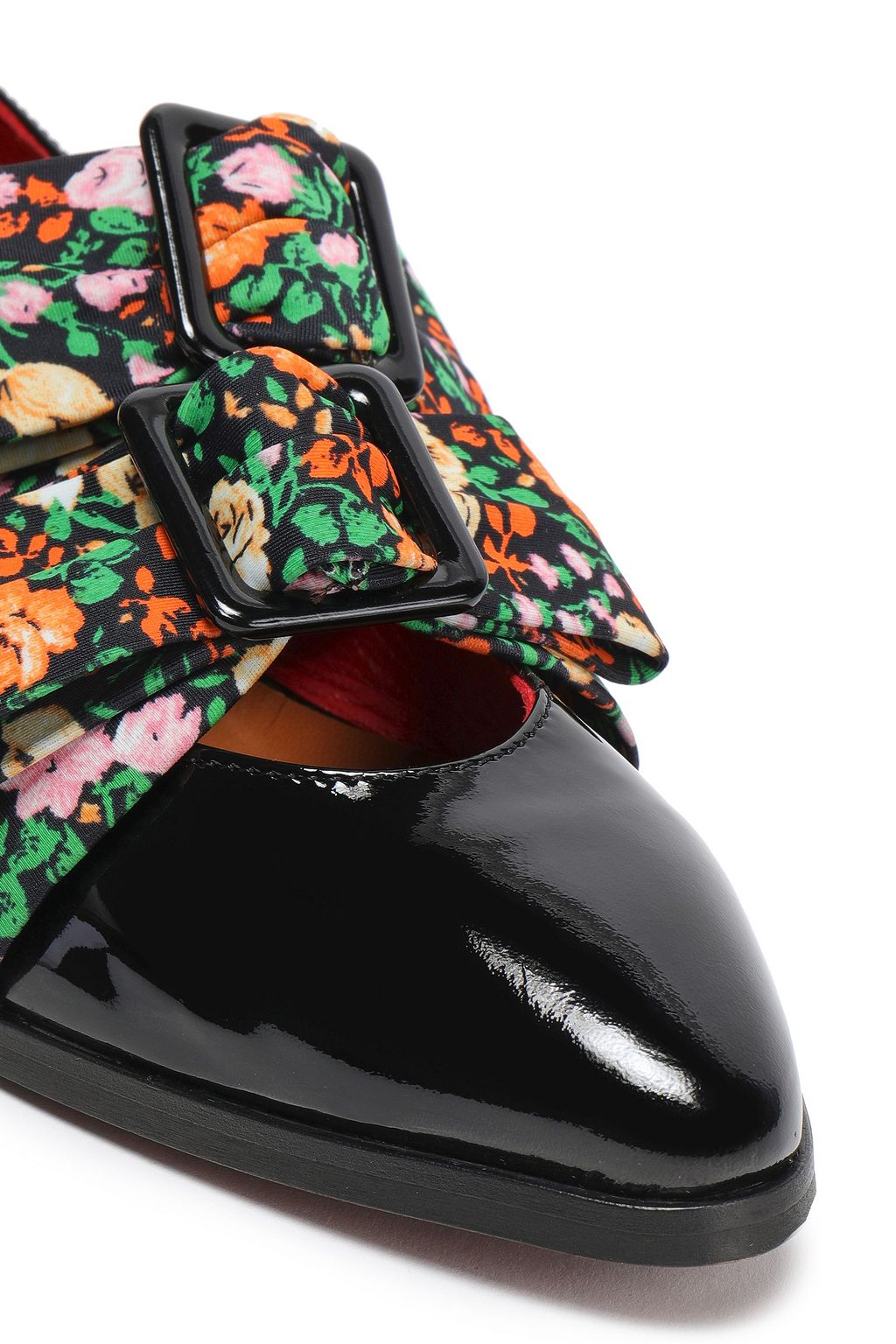 GANNI Maya bow-embellished floral-print faille and patent-leather loafers